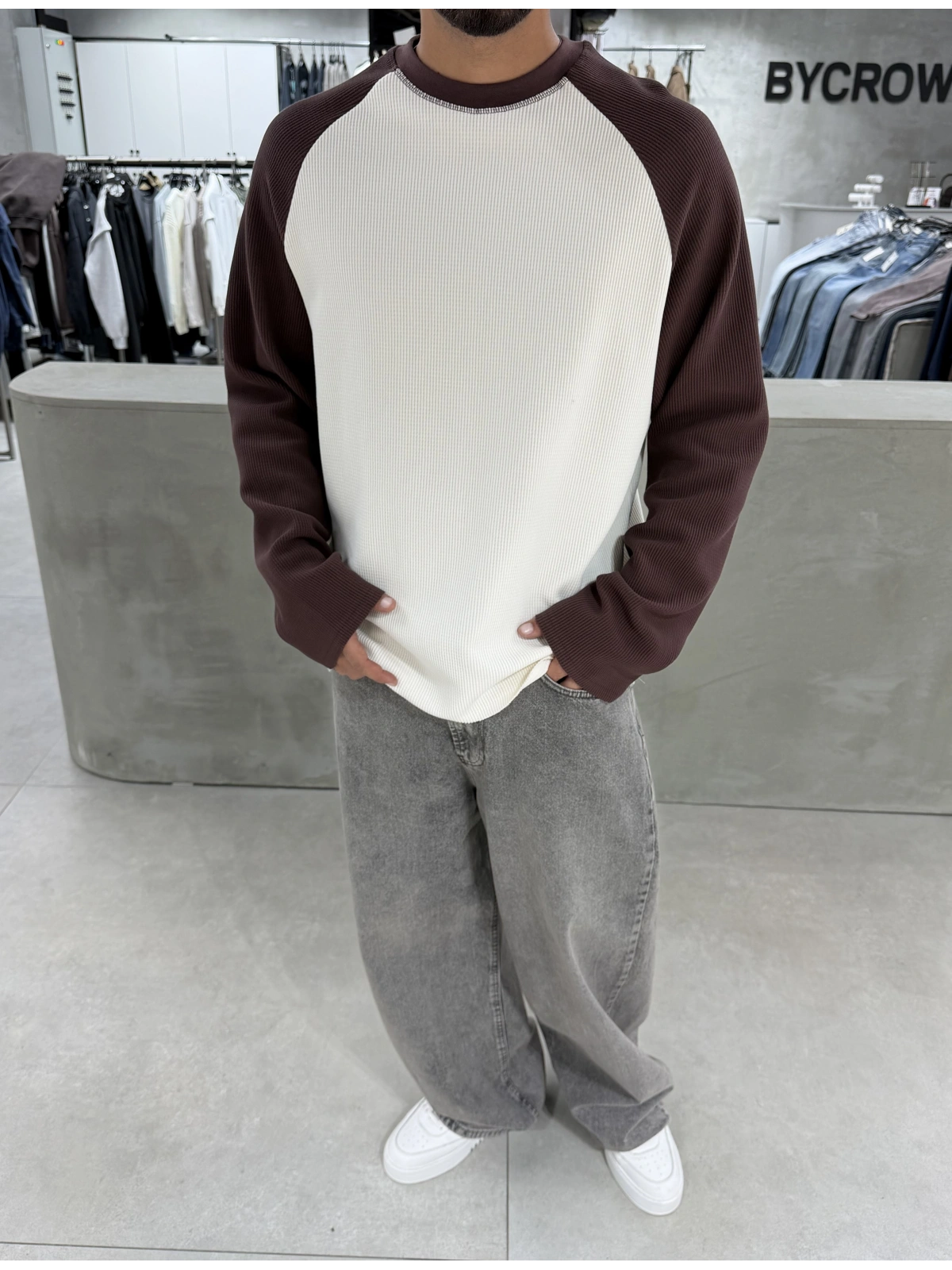 Kahve Gofre Kumaş Oversize Sweat