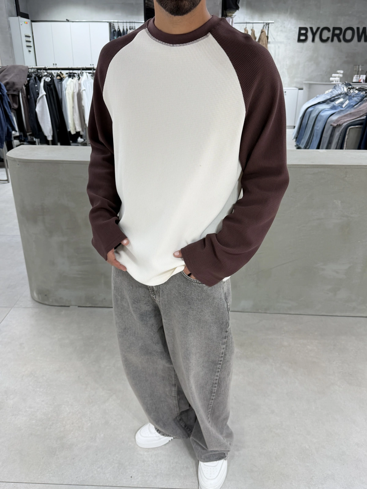 Kahve Gofre Kumaş Oversize Sweat