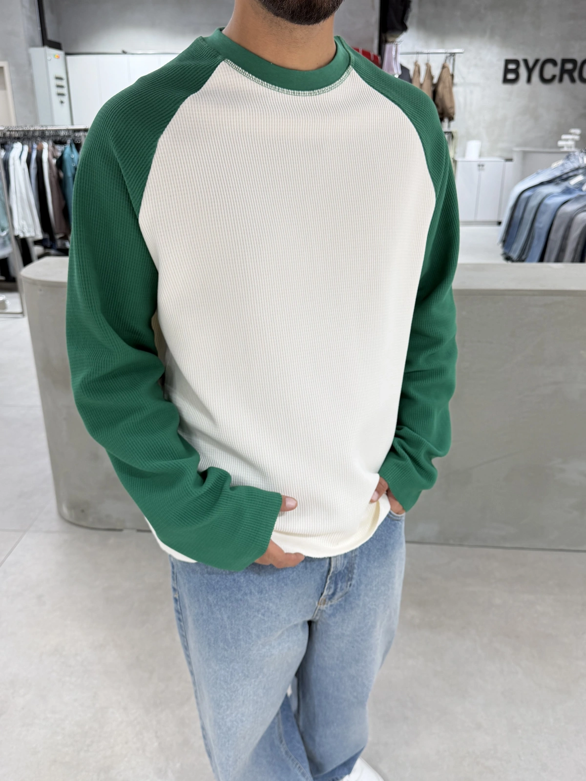 Yeşil Gofre Kumaş Oversize Sweat