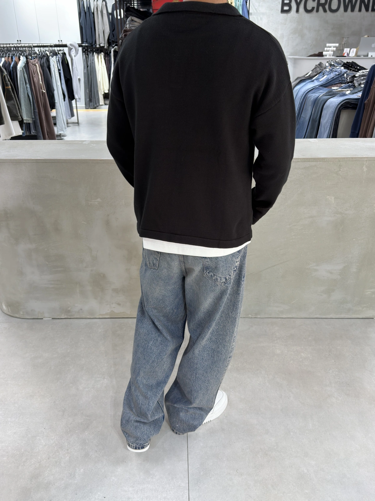 Siyah Polo Yaka Triko Sweat