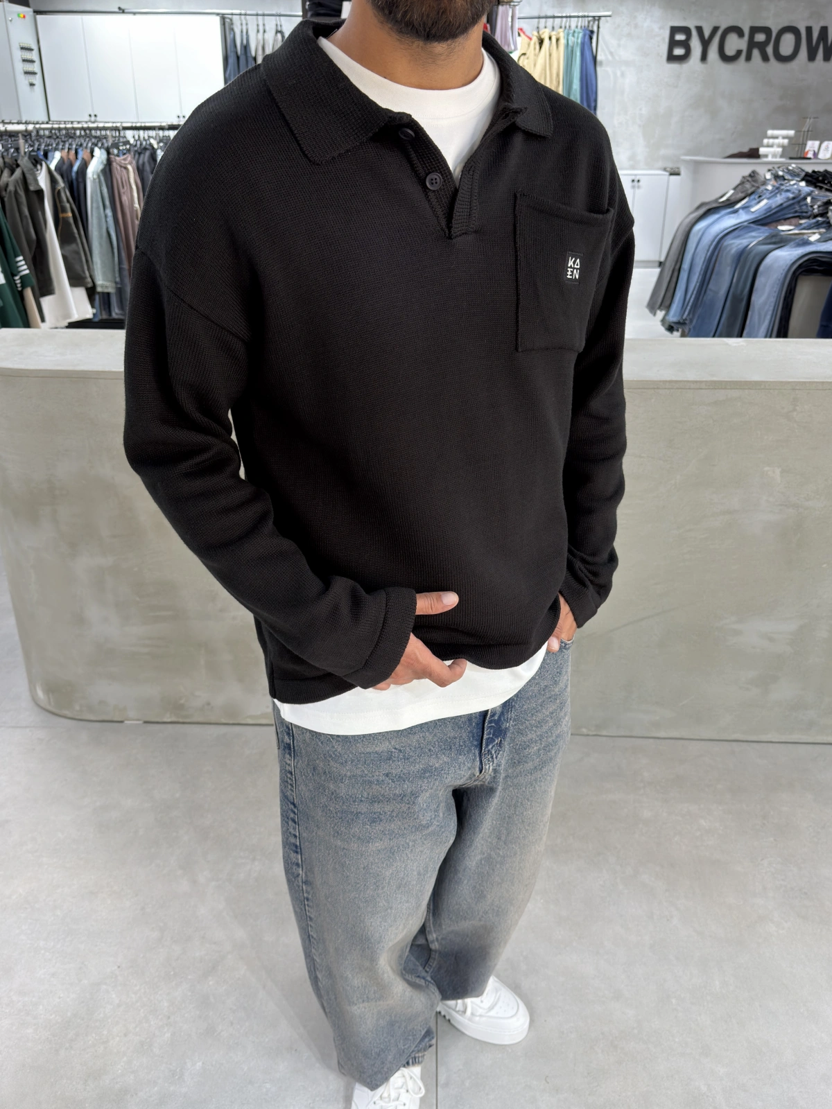 Siyah Polo Yaka Triko Sweat