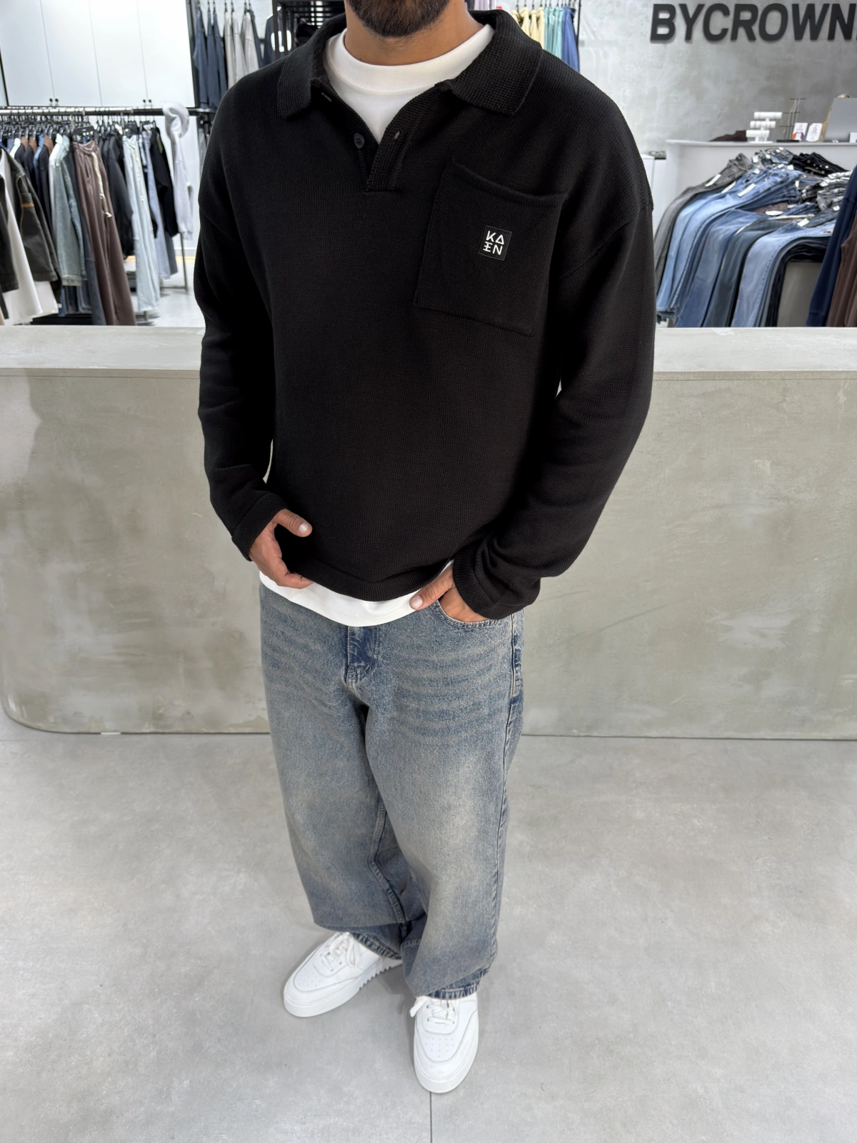 Siyah Polo Yaka Triko Sweat