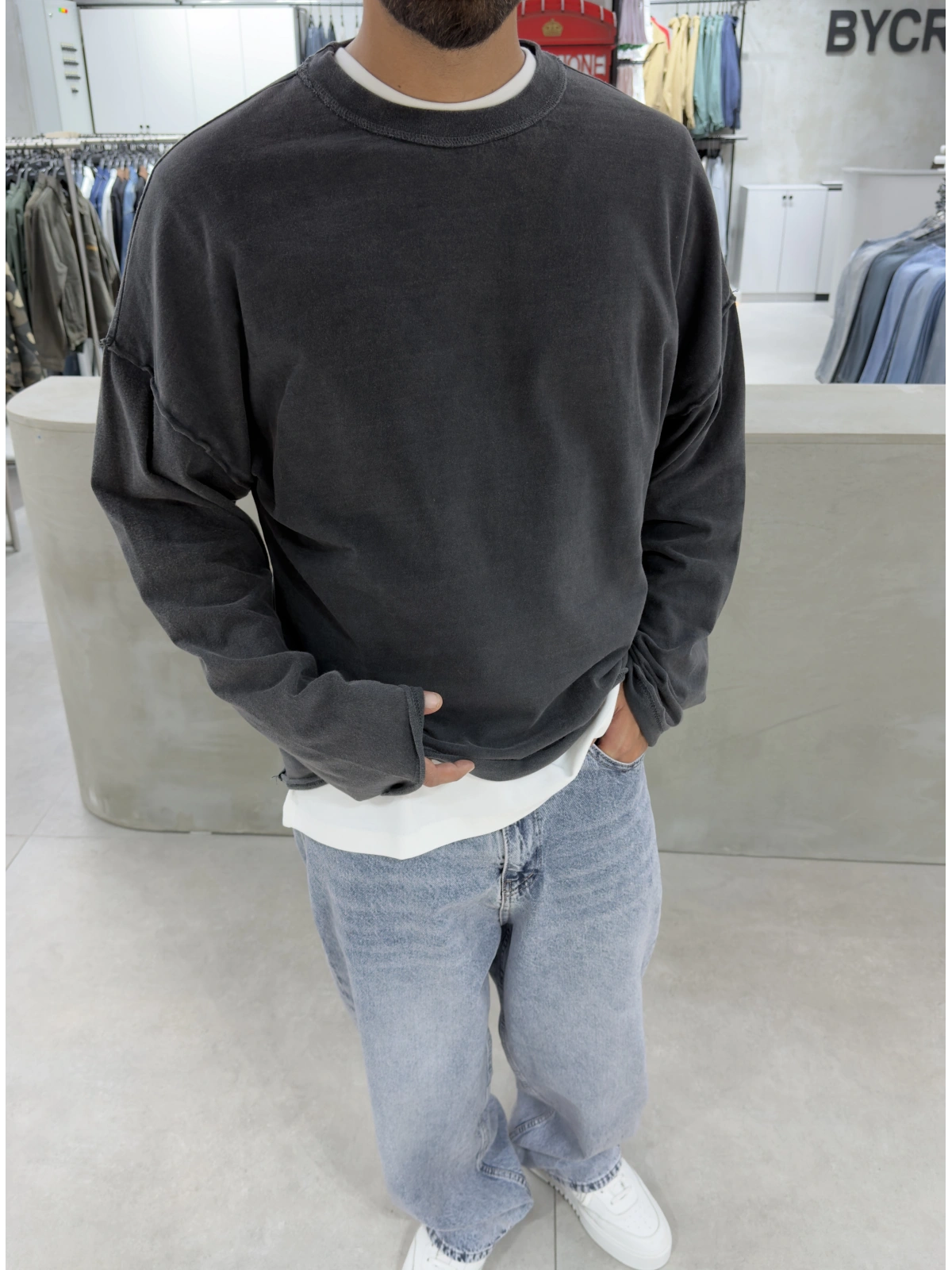 Antrasit Yıkamalı Ters Dikiş Sweat