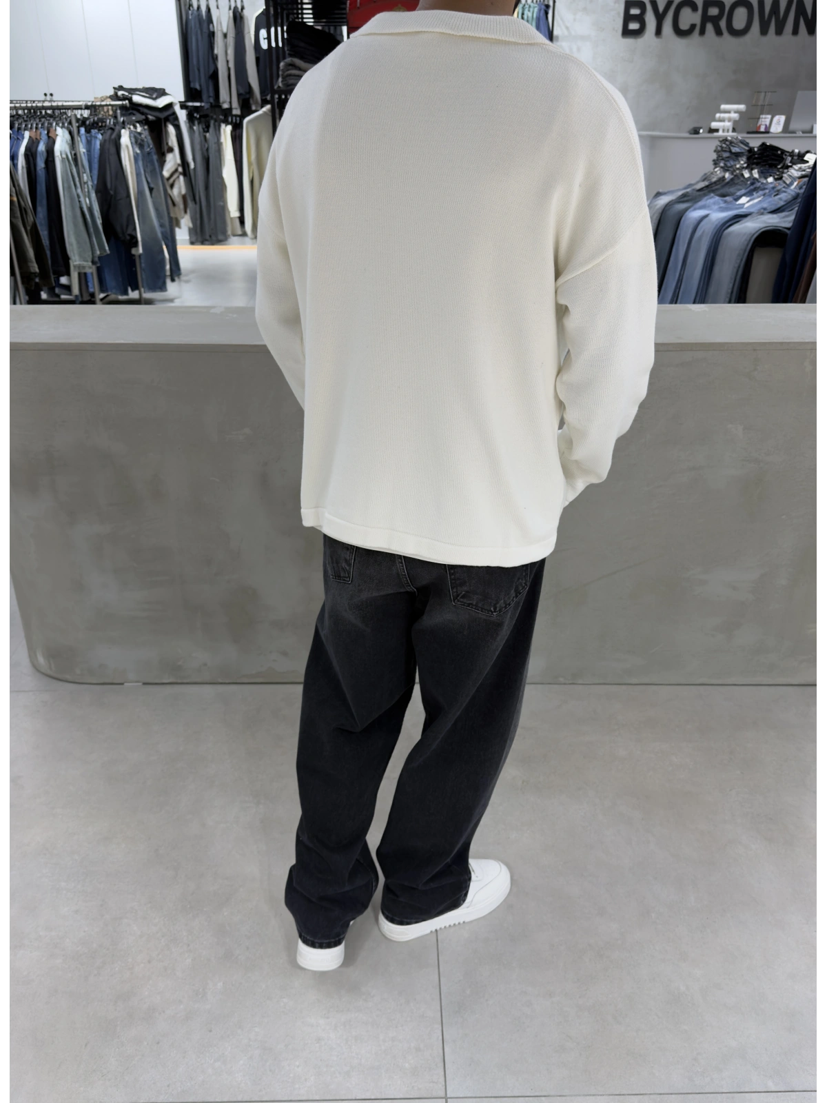 Beyaz Polo Yaka Triko Sweat