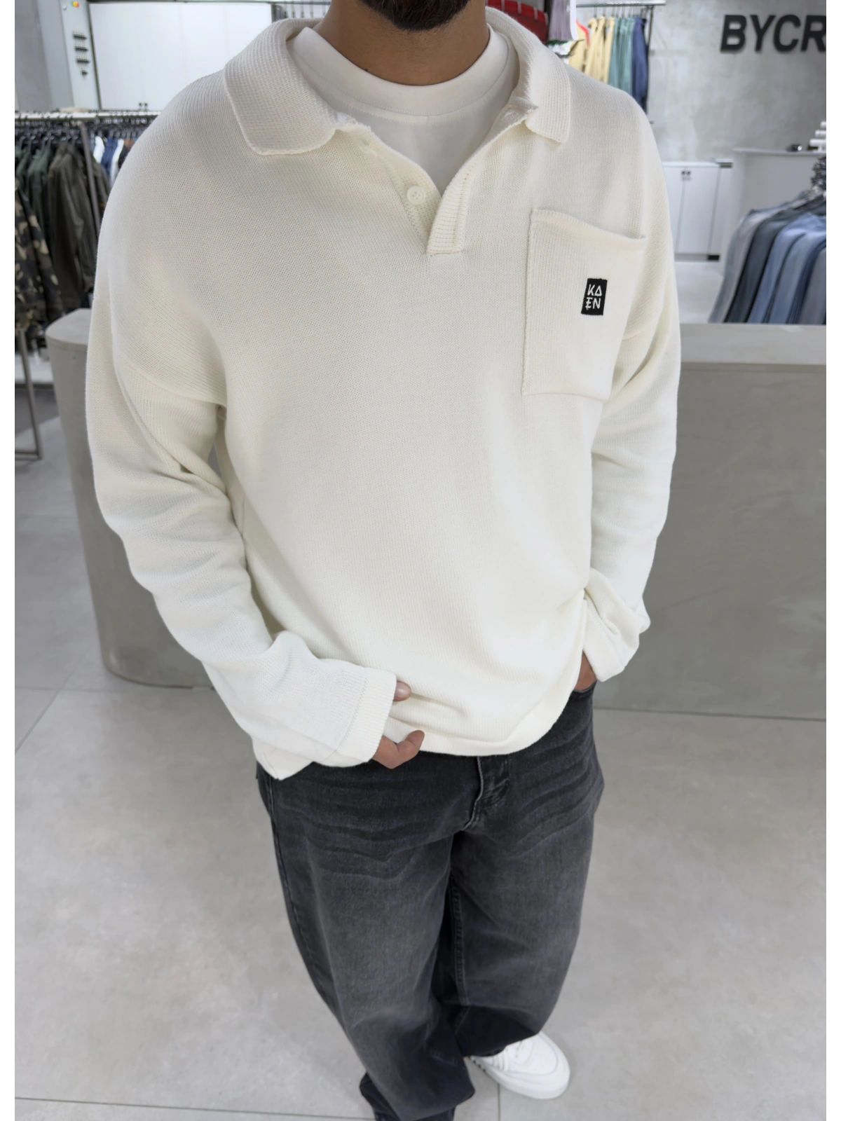 Beyaz Polo Yaka Triko Sweat