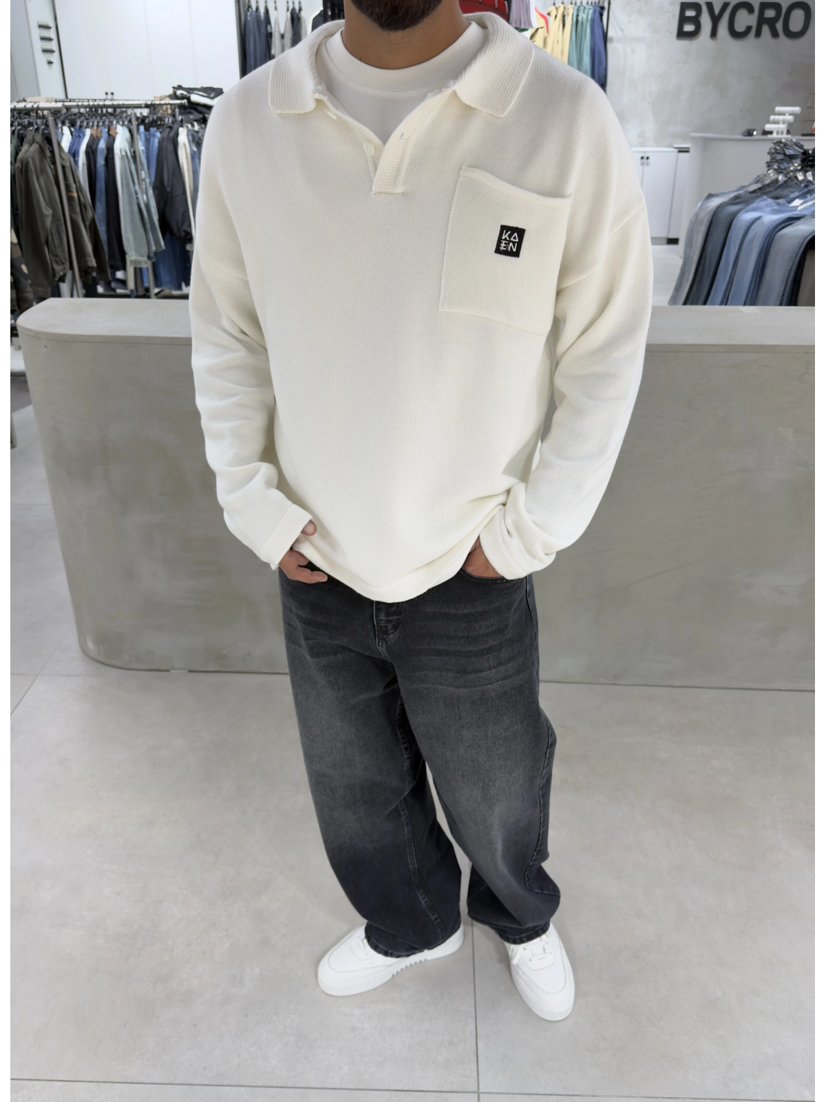 Beyaz Polo Yaka Triko Sweat