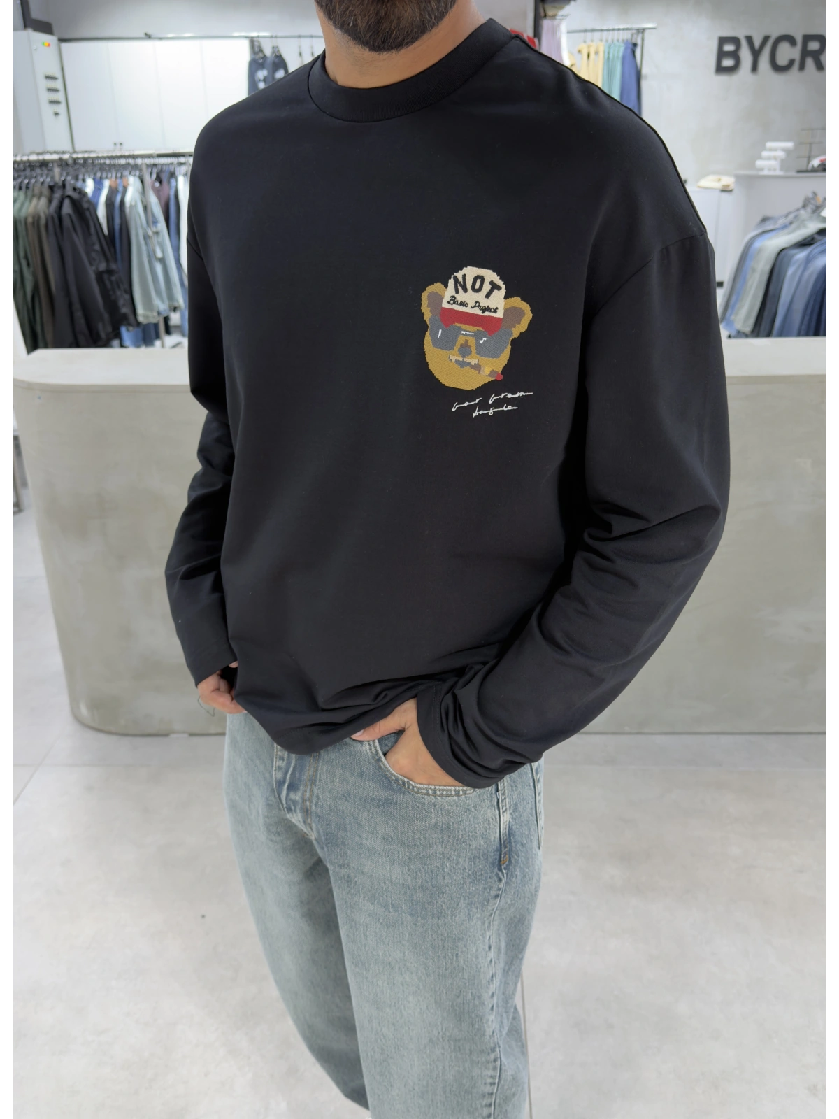 Siyah Teddy Oversize Uzun Kol Sweat