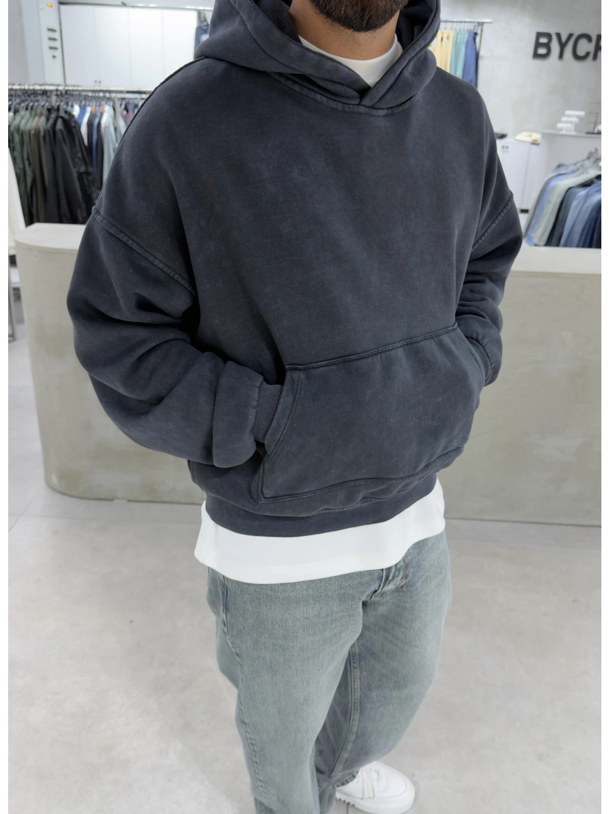 Antrasit Premium Yıkamalı Boxy Sweatshirt