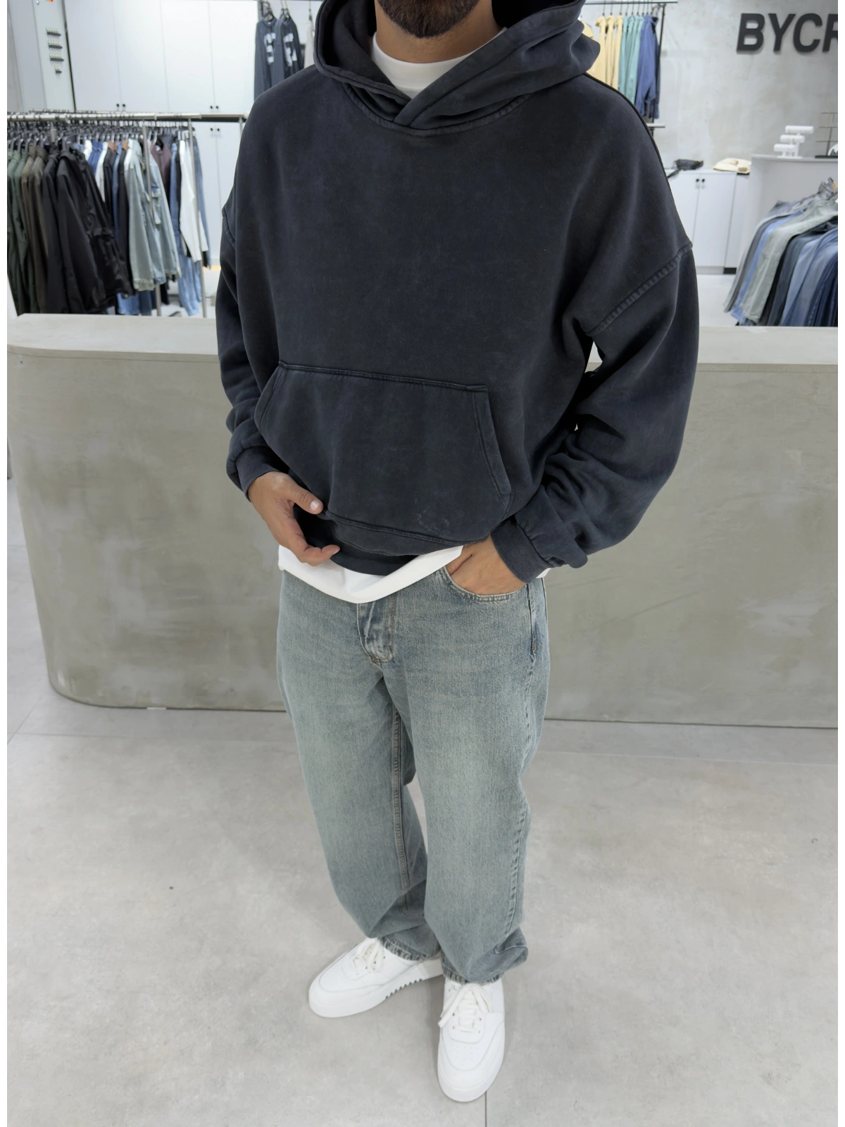 Antrasit Premium Yıkamalı Boxy Sweatshirt