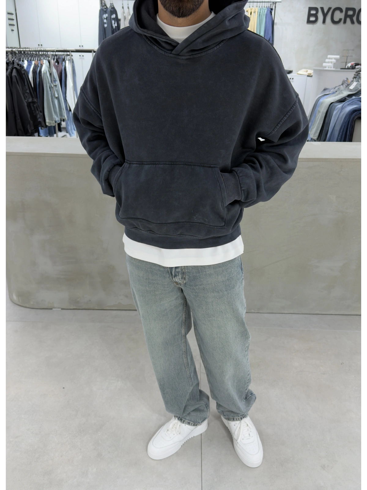 Antrasit Premium Yıkamalı Boxy Sweatshirt