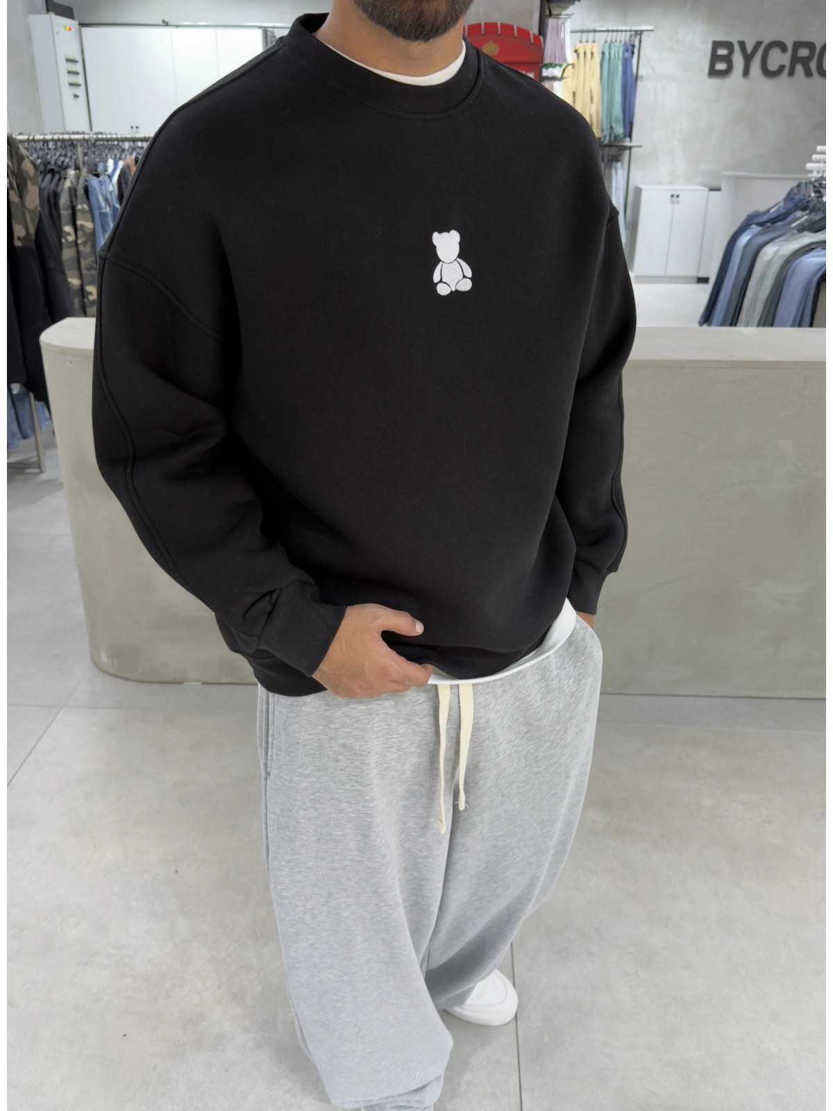 Siyah Bear Bisiklet Yaka Oversize Sweat