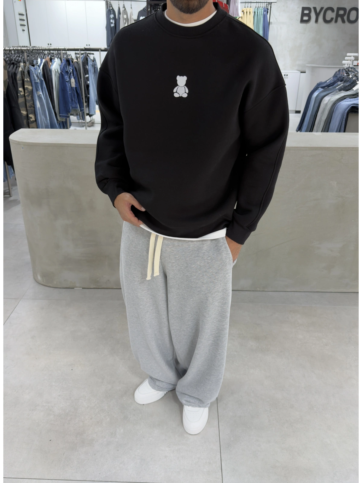 Siyah Bear Bisiklet Yaka Oversize Sweat
