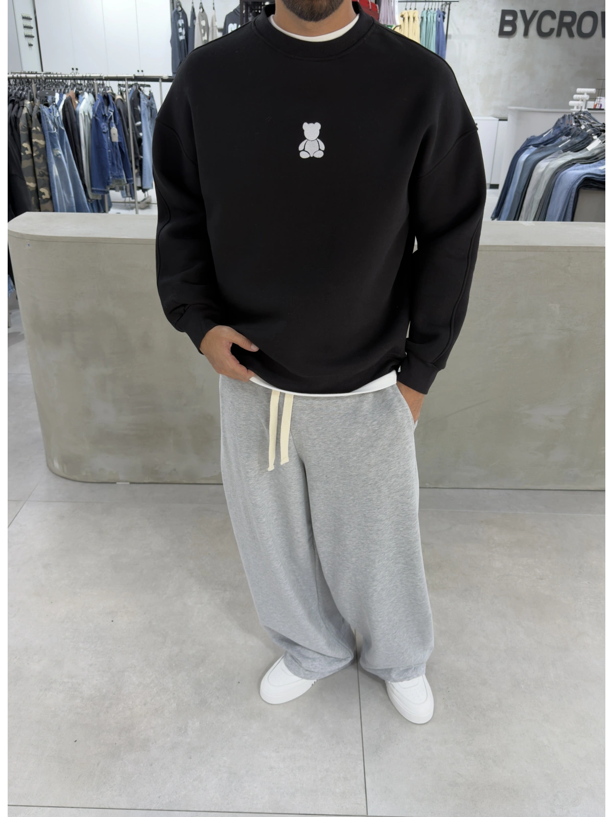 Siyah Bear Bisiklet Yaka Oversize Sweat
