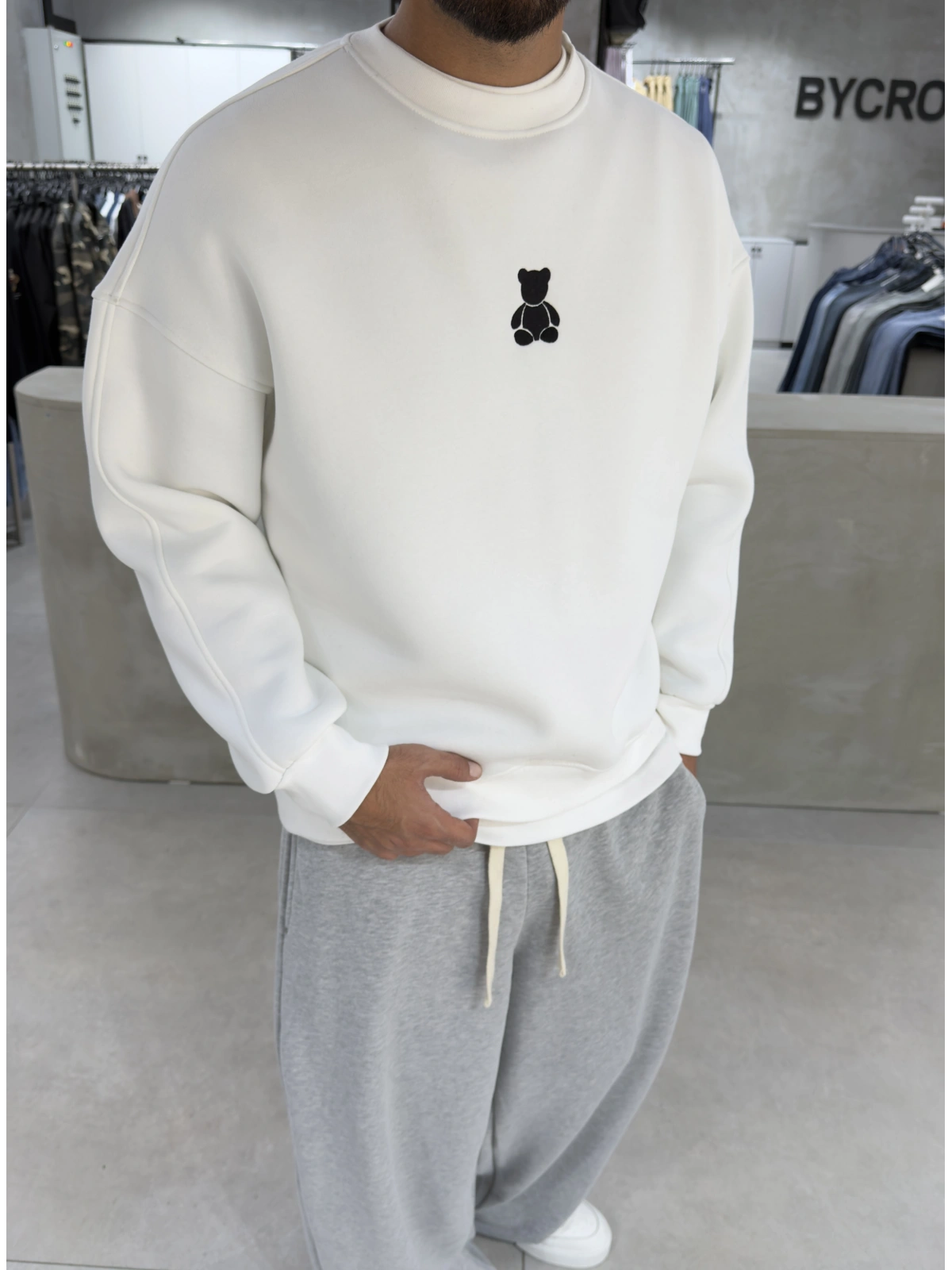 Beyaz Bear Bisiklet Yaka Oversize Sweat