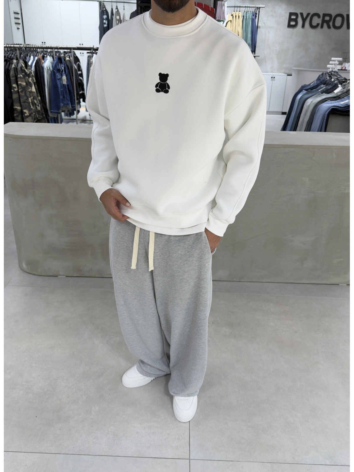 Beyaz Bear Bisiklet Yaka Oversize Sweat