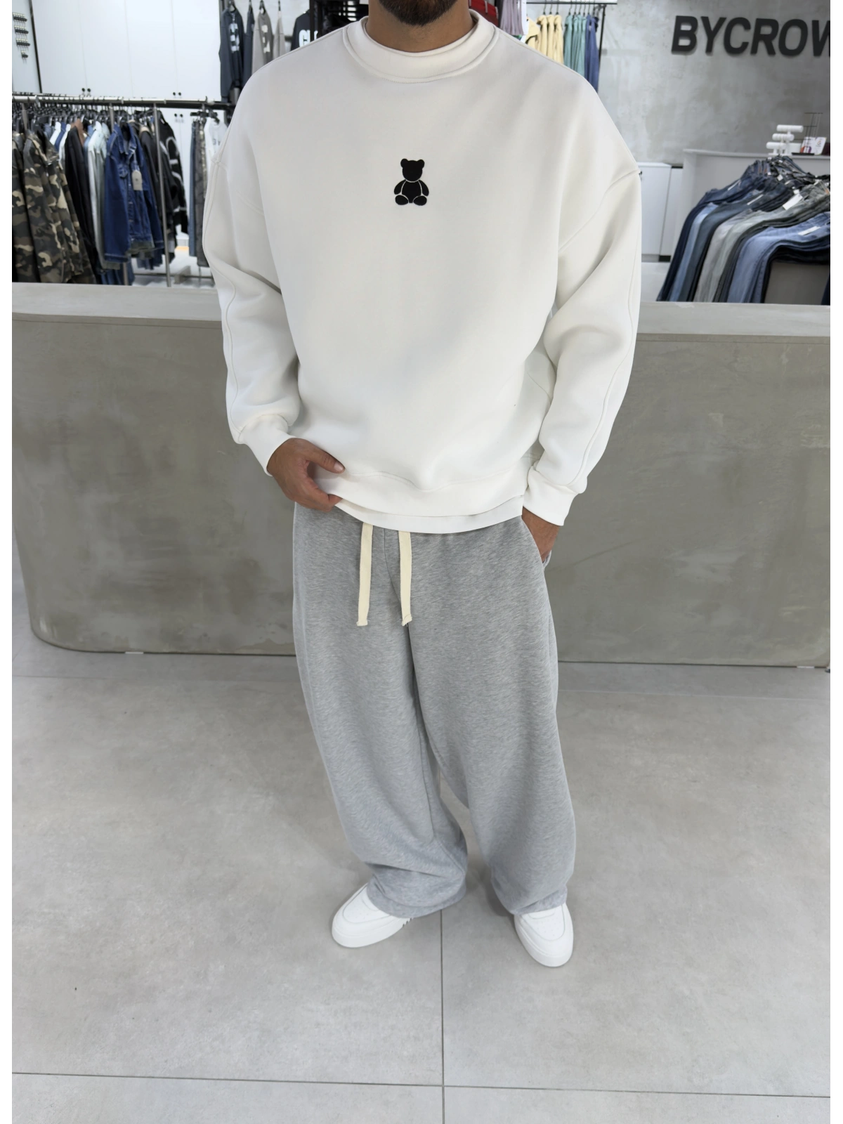 Beyaz Bear Bisiklet Yaka Oversize Sweat