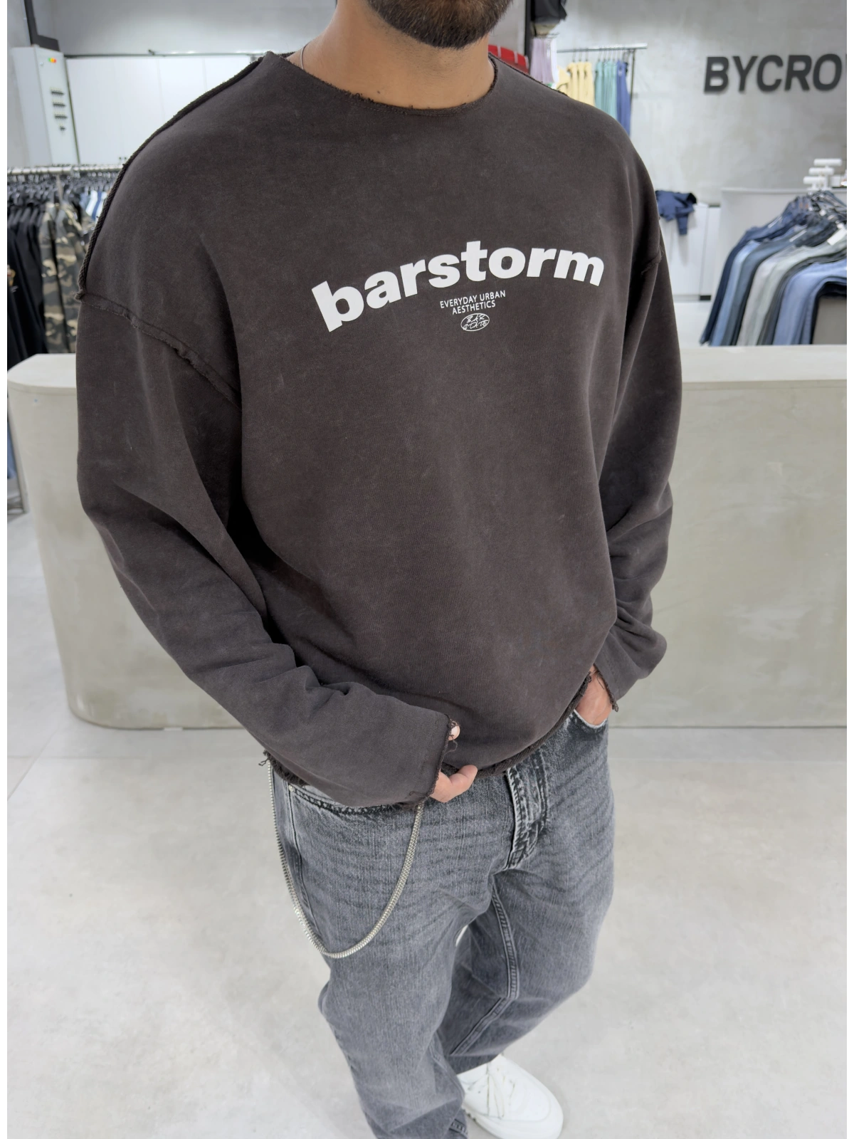 Kahve Barstorm Kesik Yaka Oversize Sweat