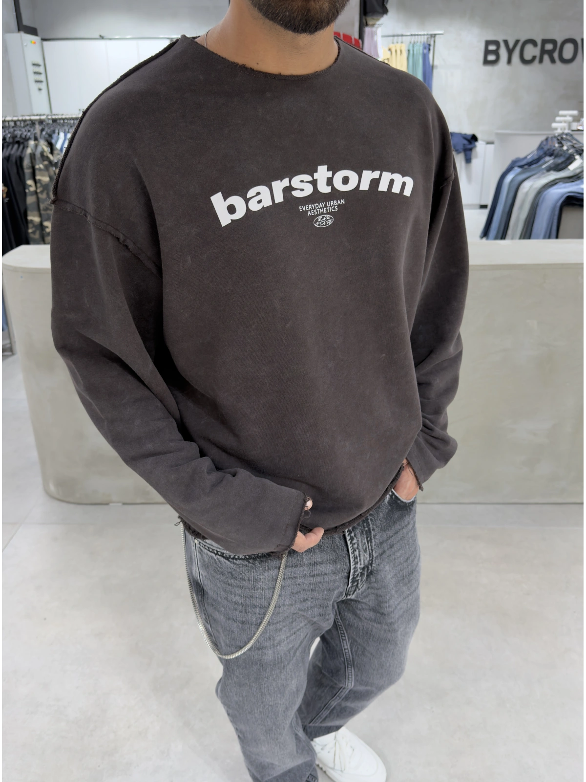 Kahve Barstorm Kesik Yaka Oversize Sweat