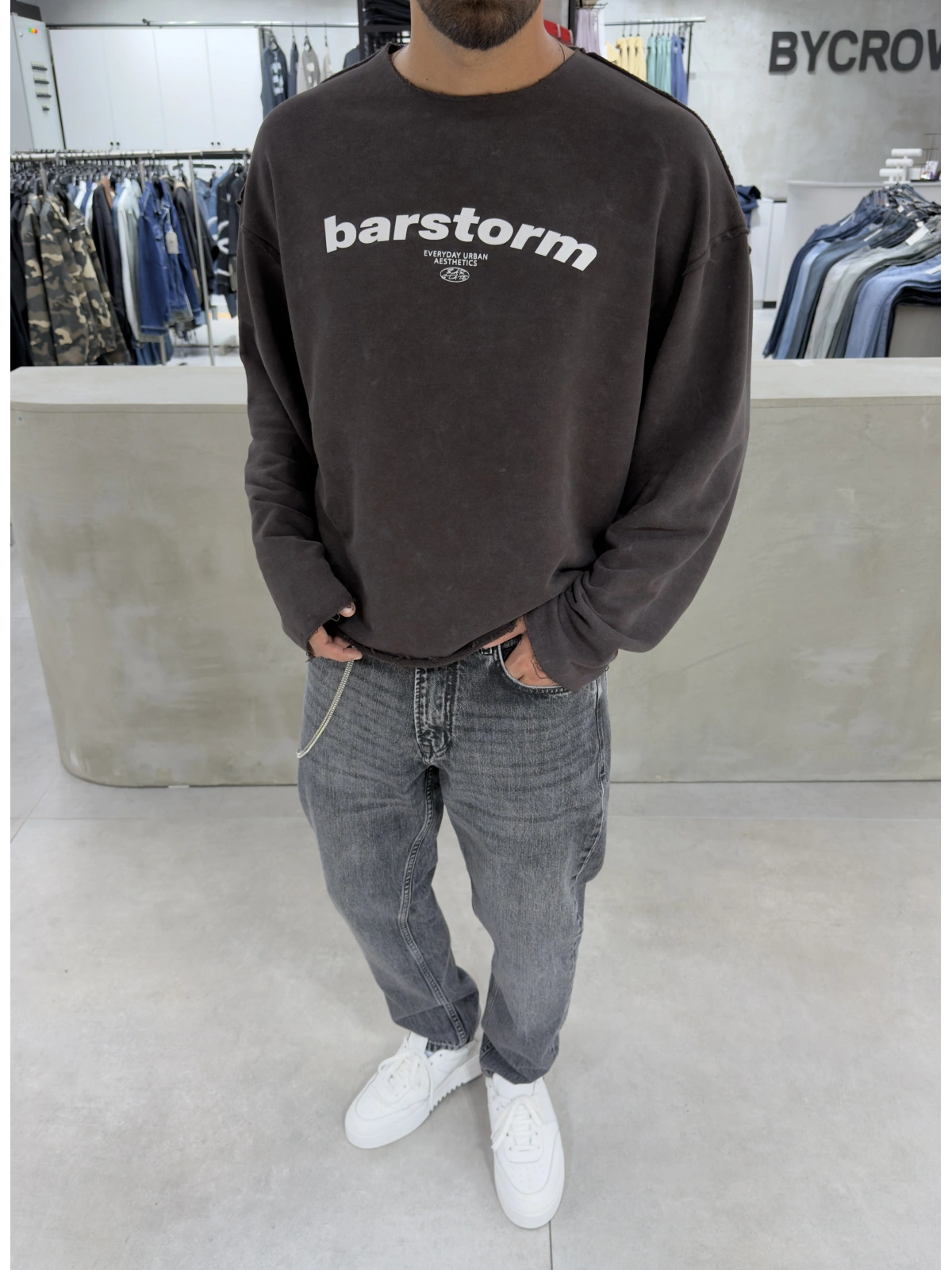 Kahve Barstorm Kesik Yaka Oversize Sweat