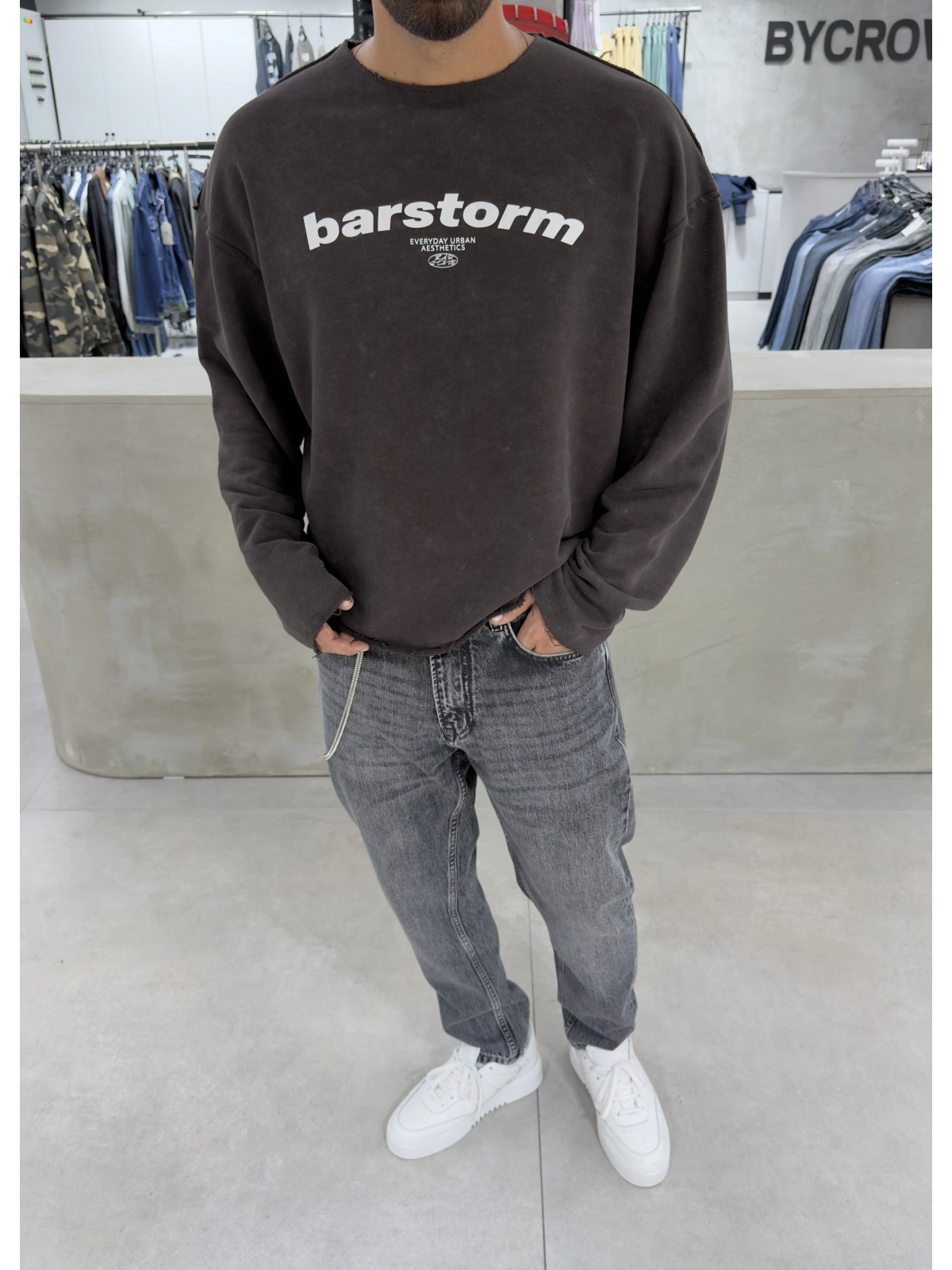 Kahve Barstorm Kesik Yaka Oversize Sweat