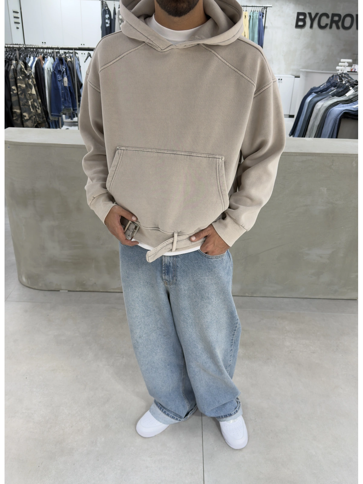 Krem Premium Kemer Detay Sweatshirt
