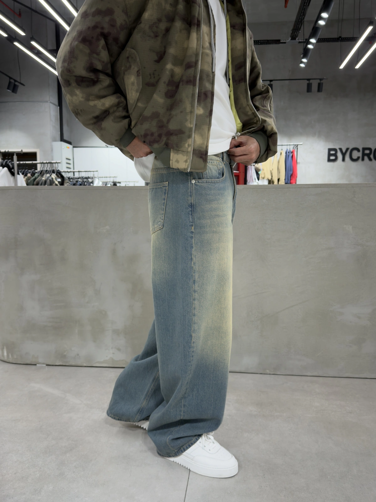 Yeşil Eskitme Denim Süper Baggy