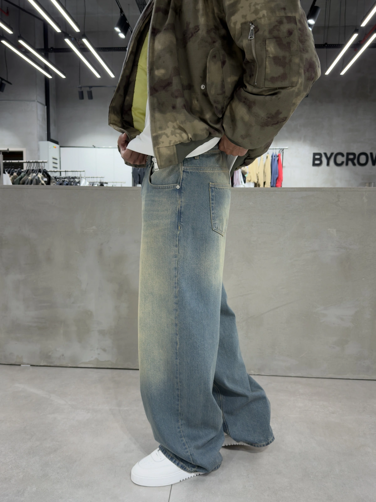 Yeşil Eskitme Denim Süper Baggy