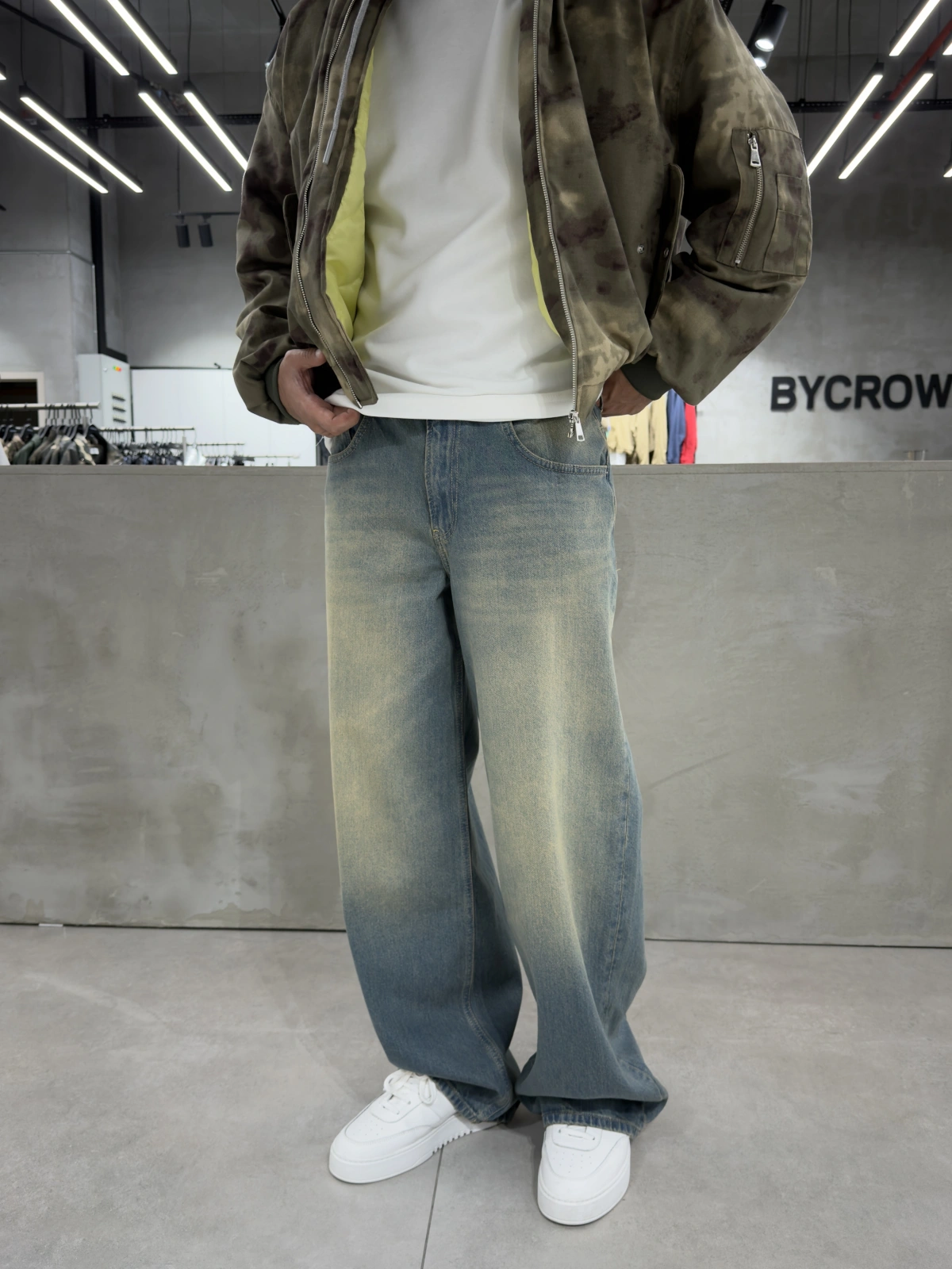 Yeşil Eskitme Denim Süper Baggy