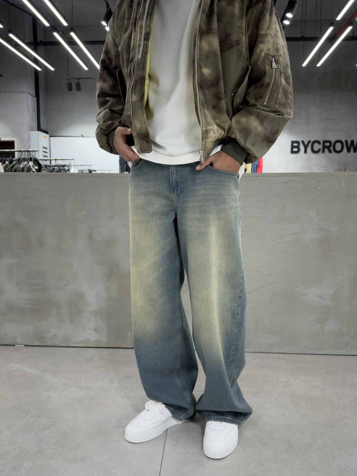 Yeşil Eskitme Denim Süper Baggy