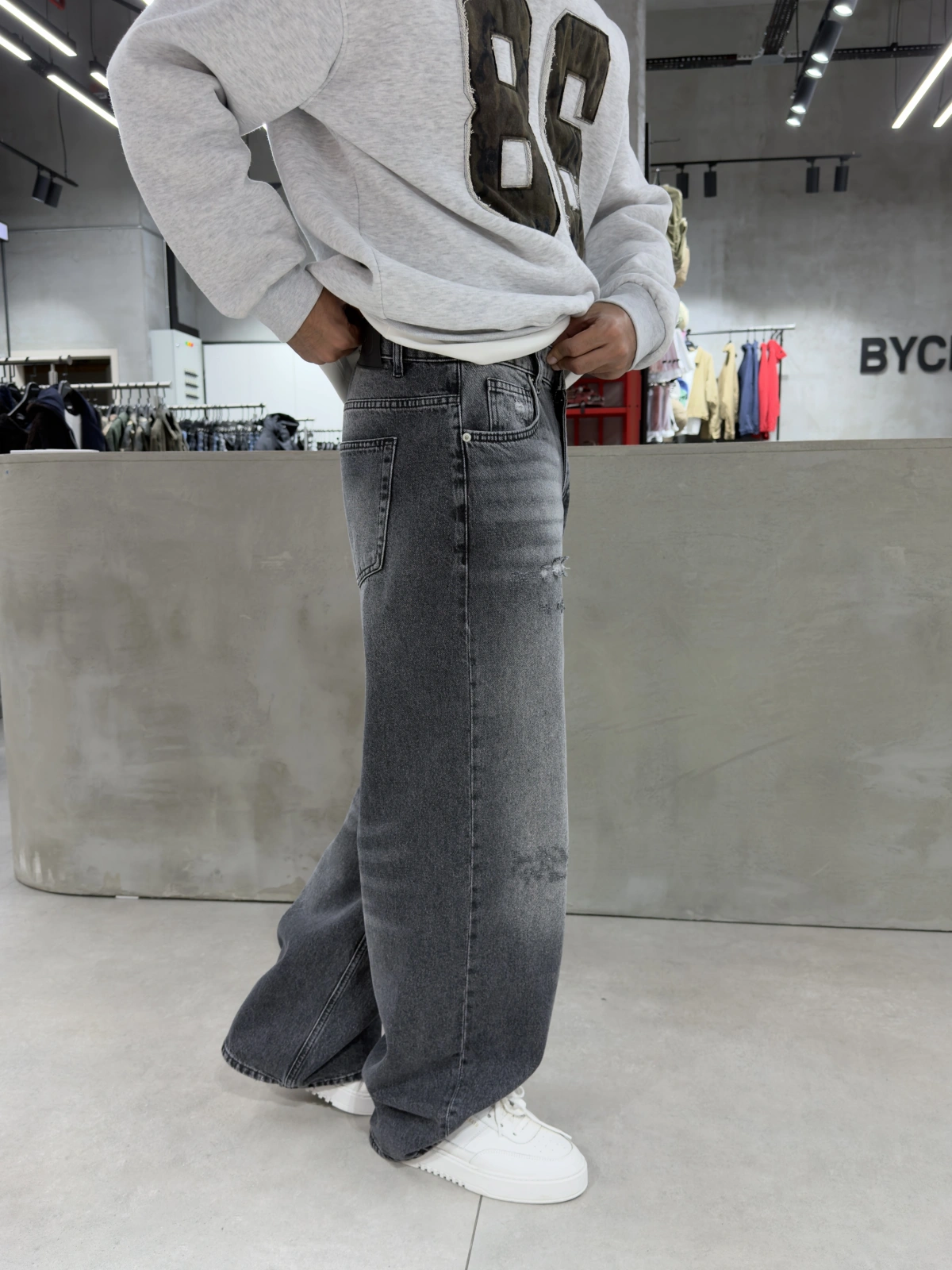 Antrasit Yırtık Effect Süper Baggy Jean