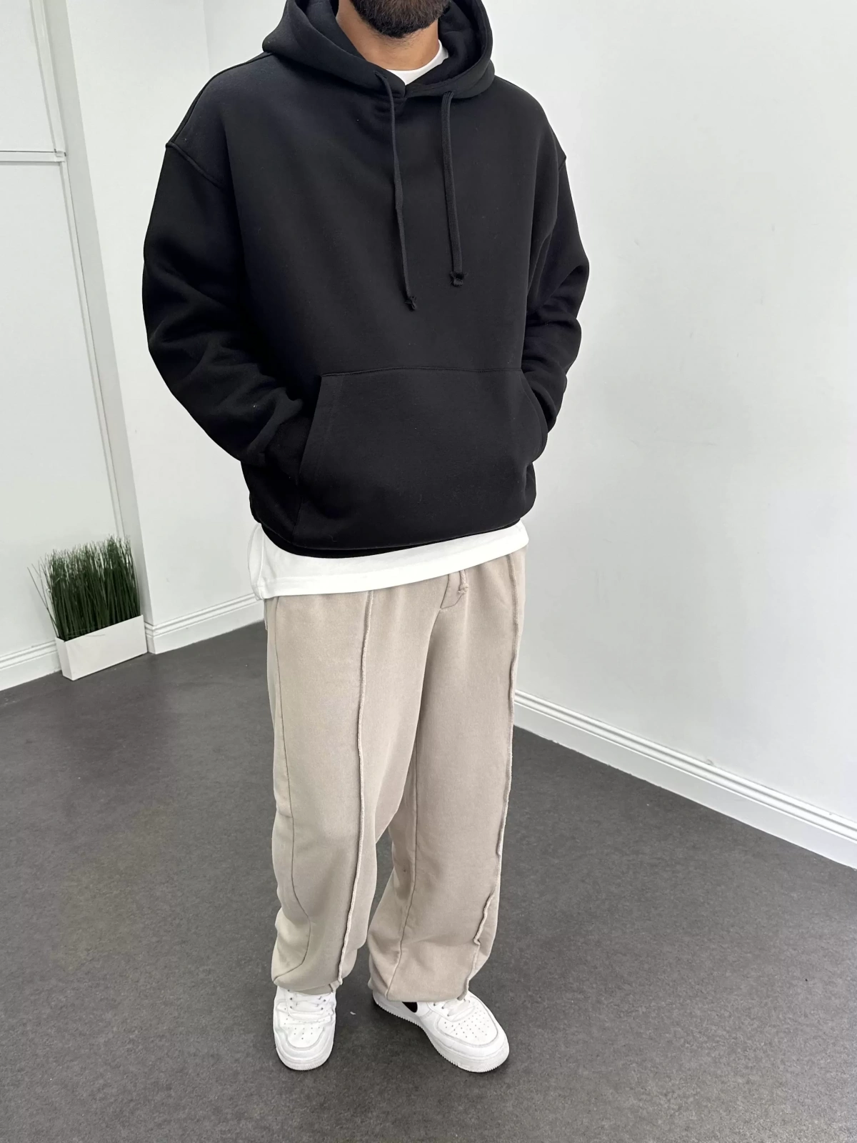 Siyah Oversize Basic Kapişonlu Sweat