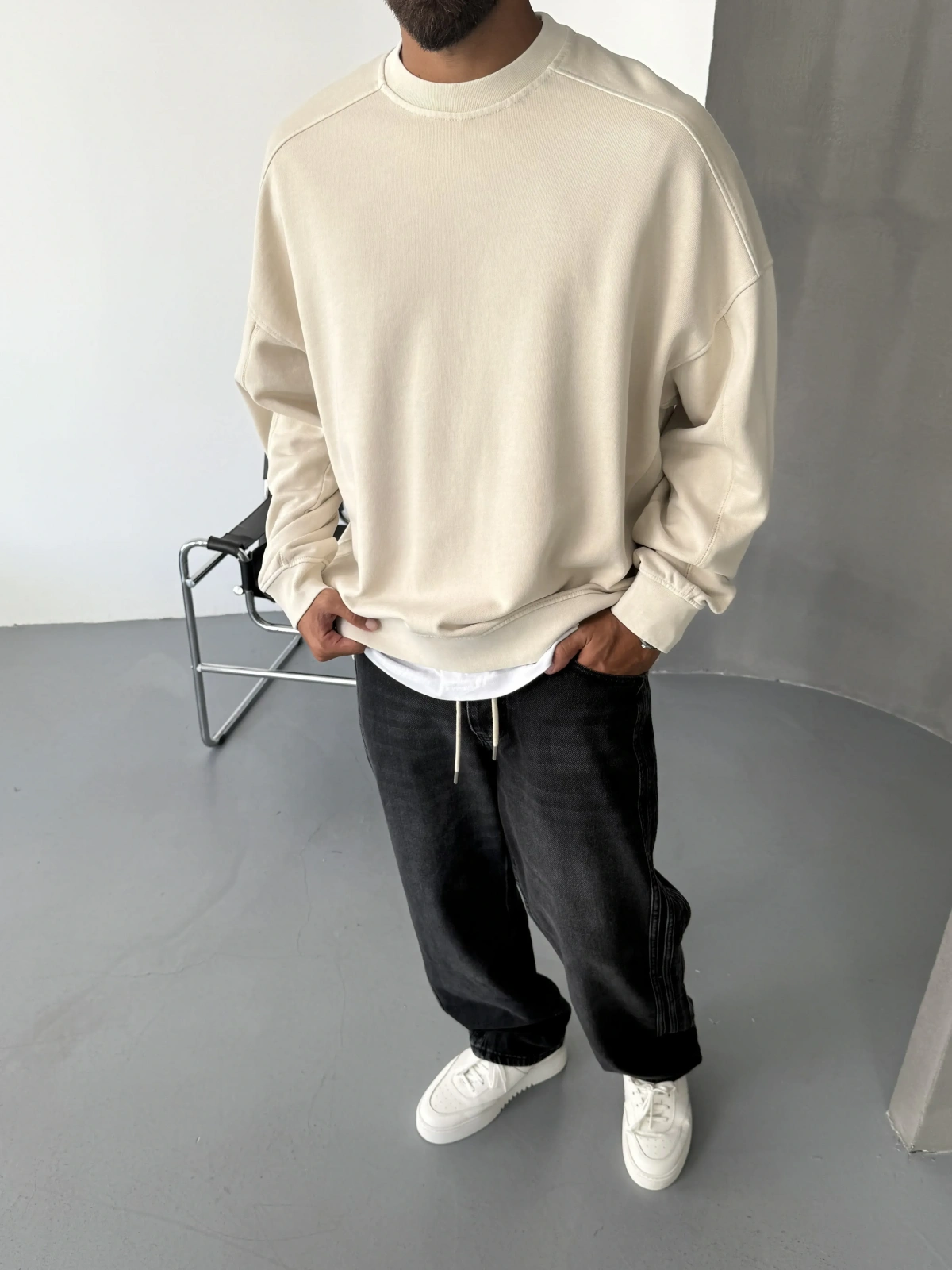 Krem Yıkamalı Premium Bisiklet Yaka Sweatshirt