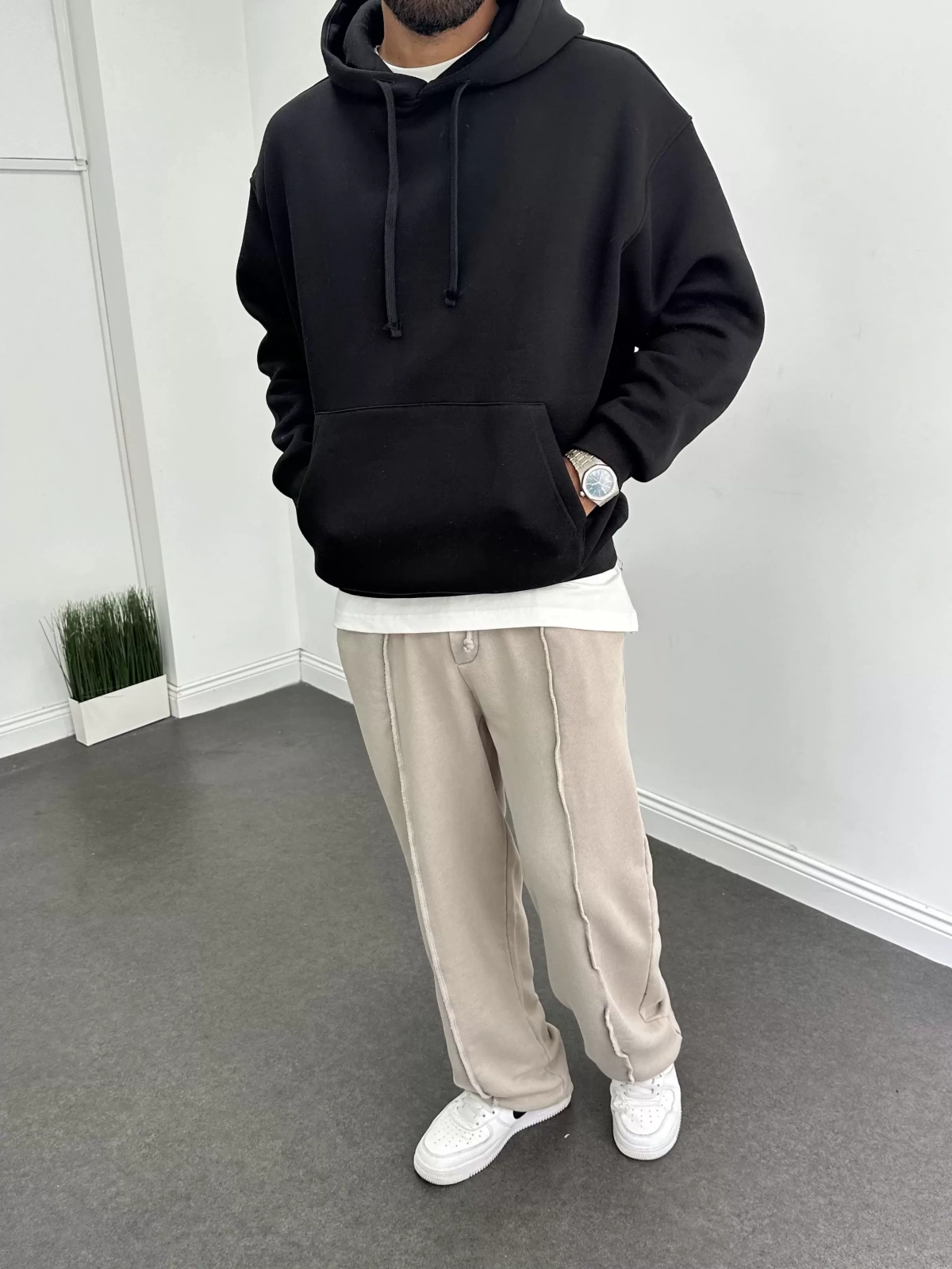 Siyah Oversize Basic Kapişonlu Sweat