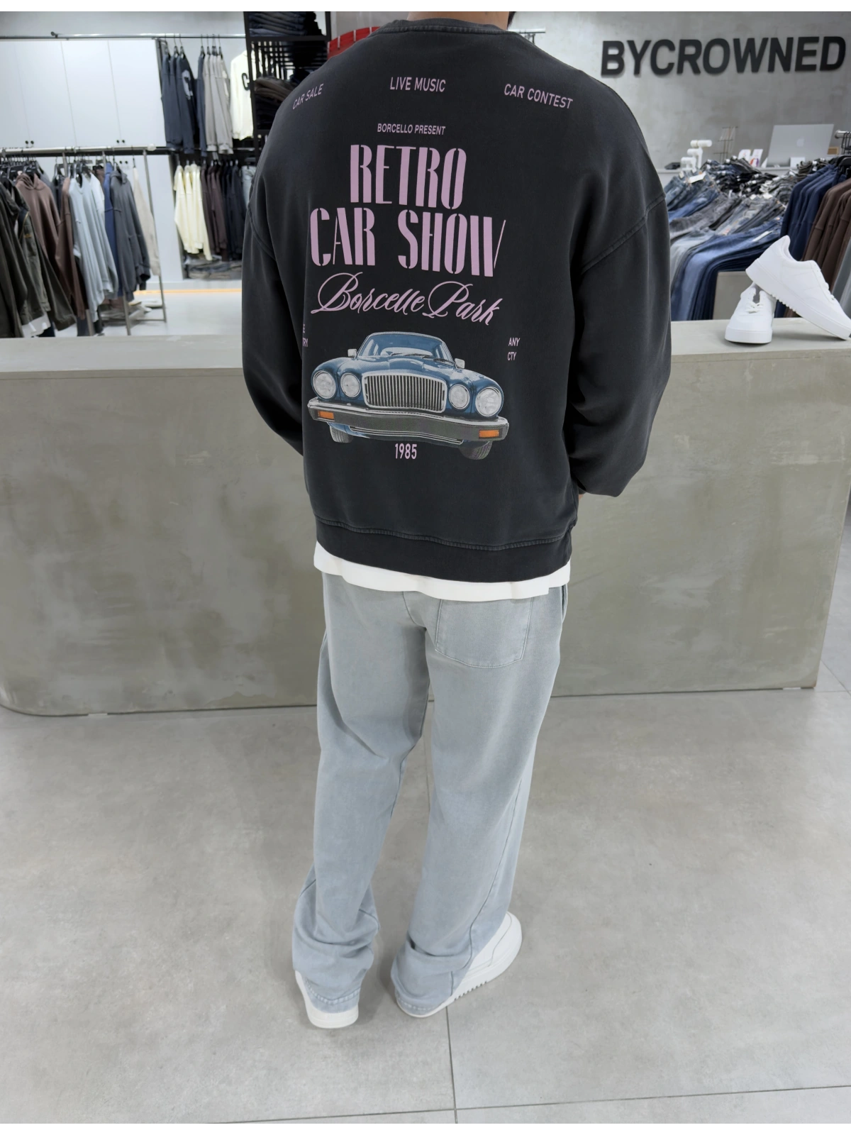 Antrasit Retro Yıkamalı Bisiklet Yaka Sweat