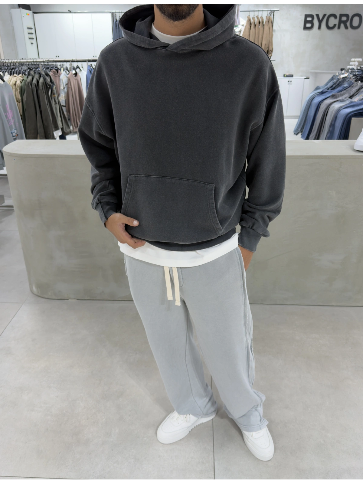 Antrasit Yıkamalı Oversize Kapüşonlu Sweatshirt