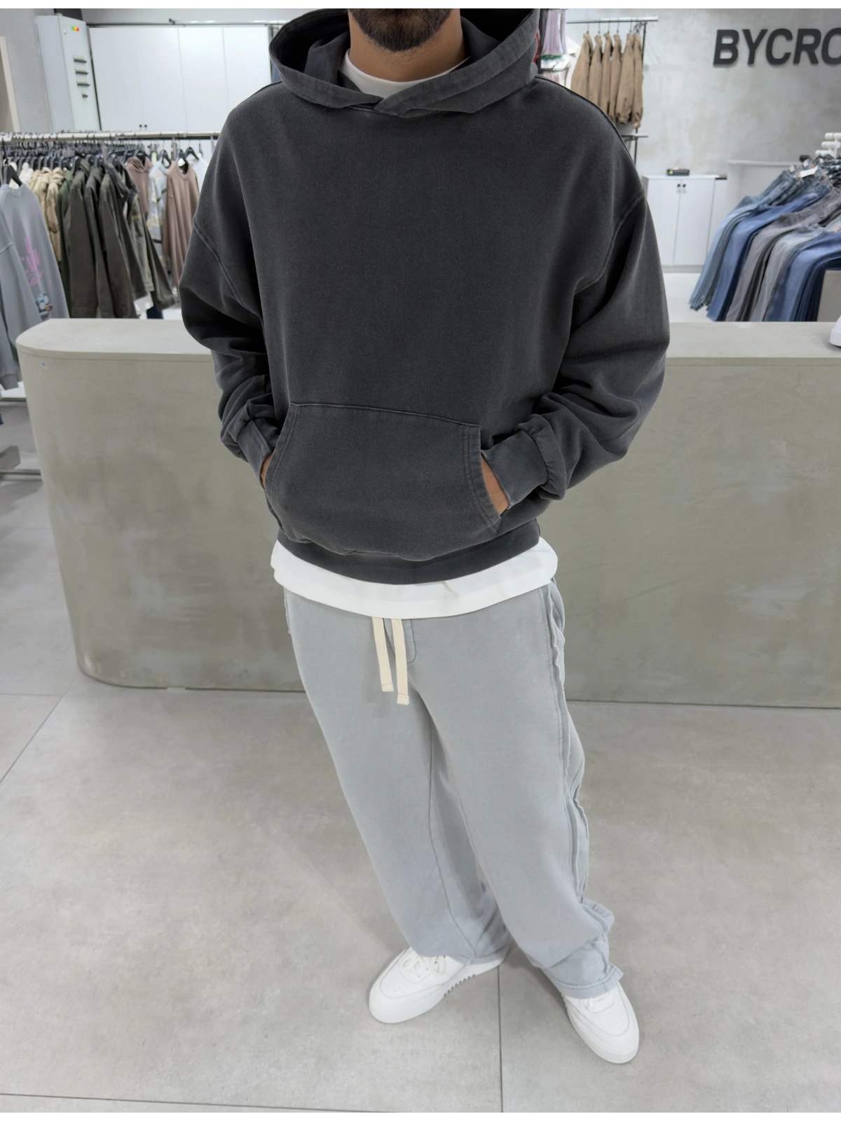 Antrasit Yıkamalı Oversize Kapüşonlu Sweatshirt
