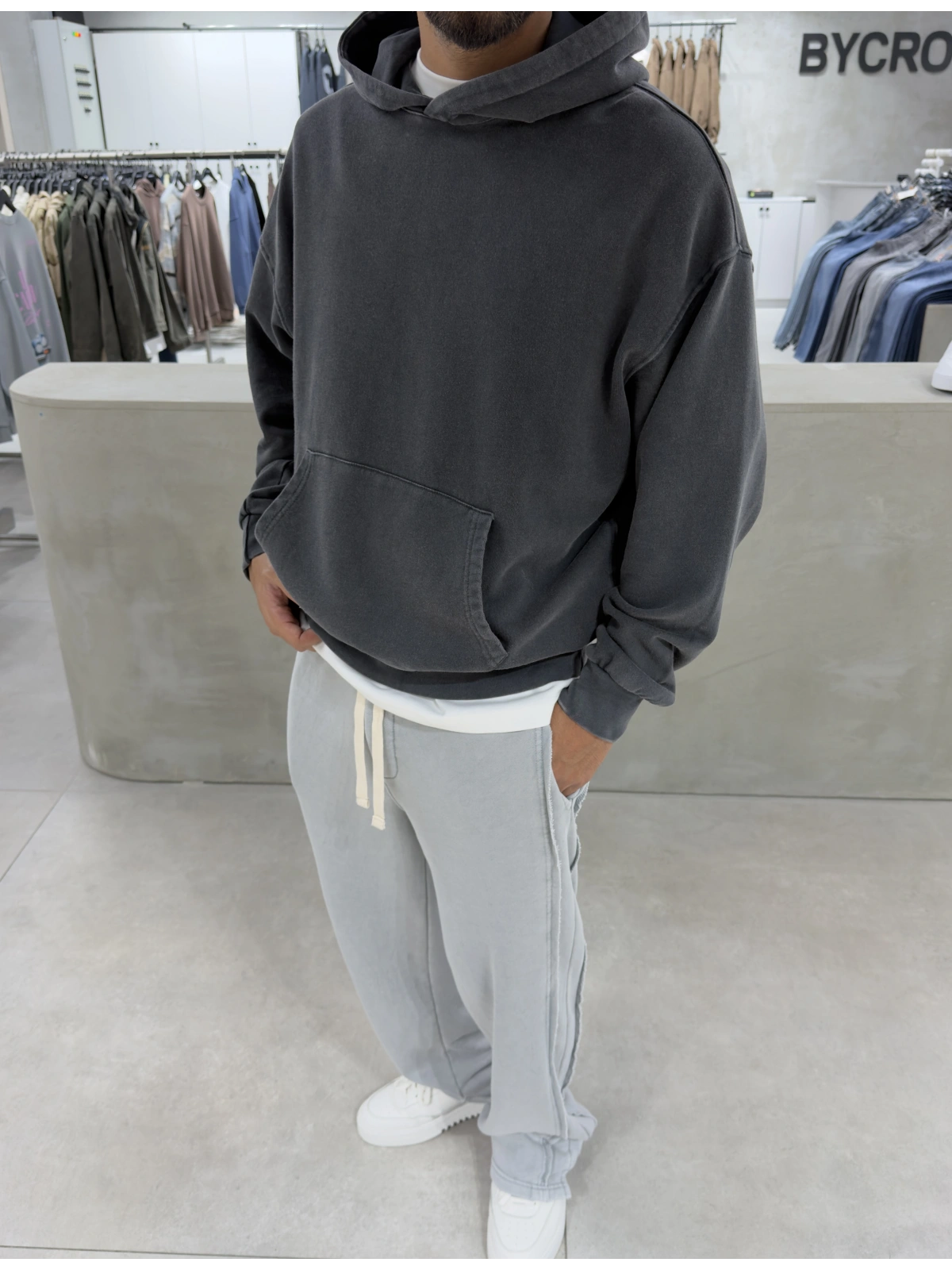 Antrasit Yıkamalı Oversize Kapüşonlu Sweatshirt