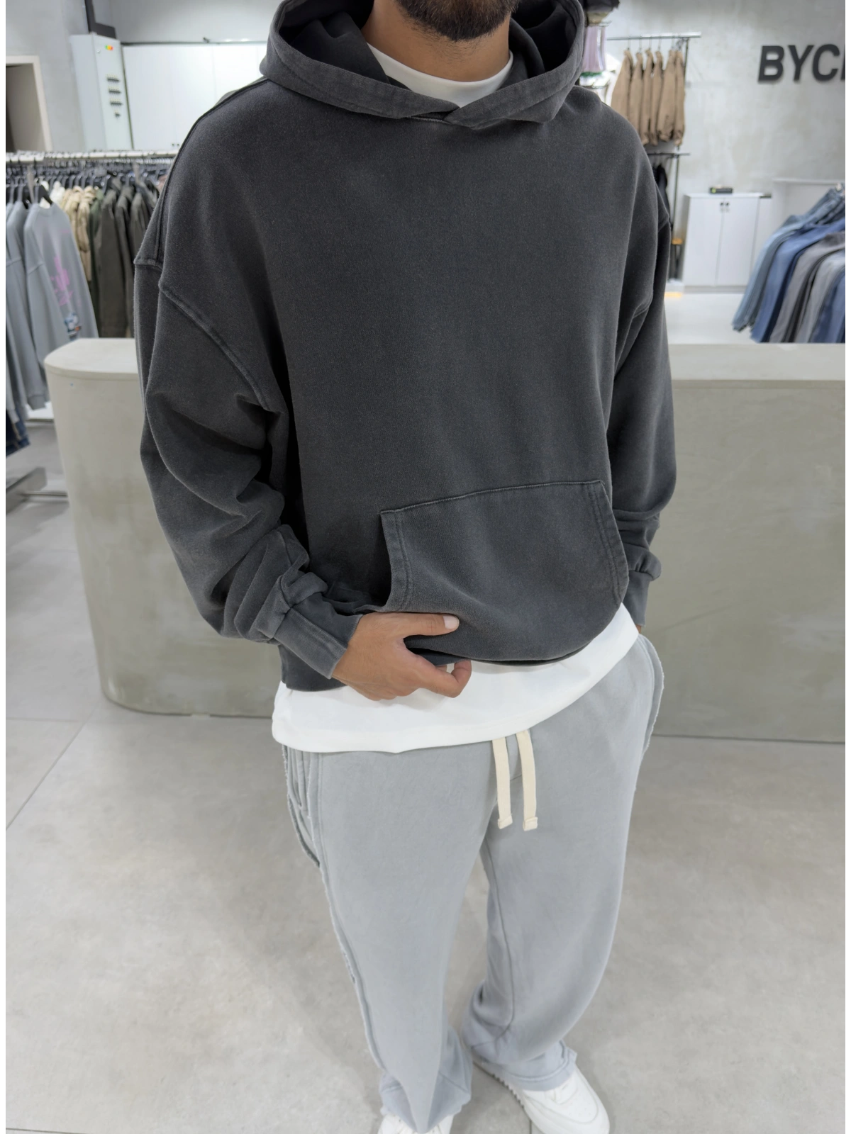 Antrasit Yıkamalı Oversize Kapüşonlu Sweatshirt