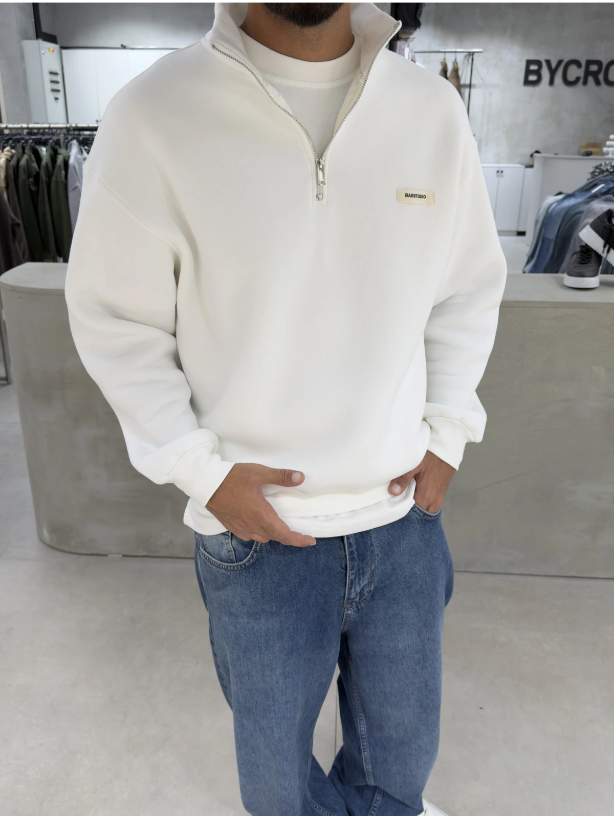 Beyaz Barstudio Yarım Fermuar Sweat