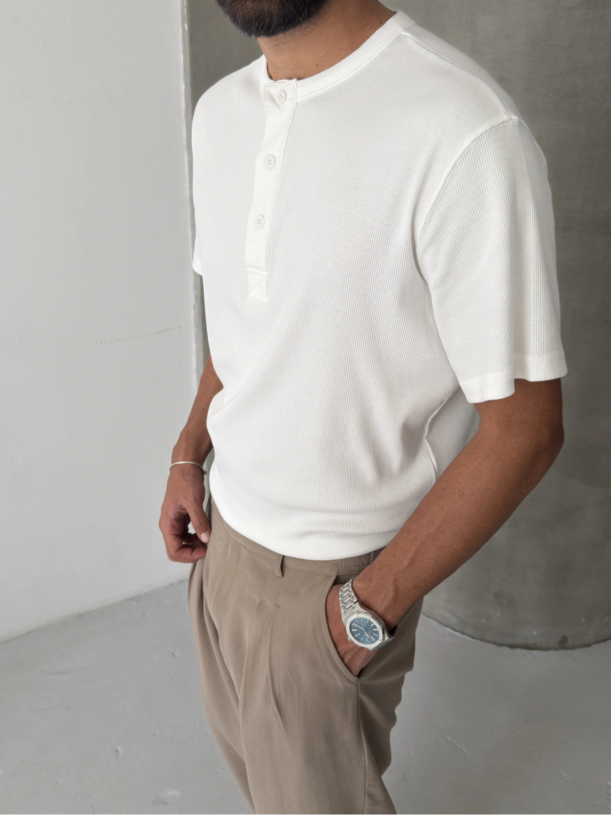 Beyaz Basic Fitilli Regular T-shirt