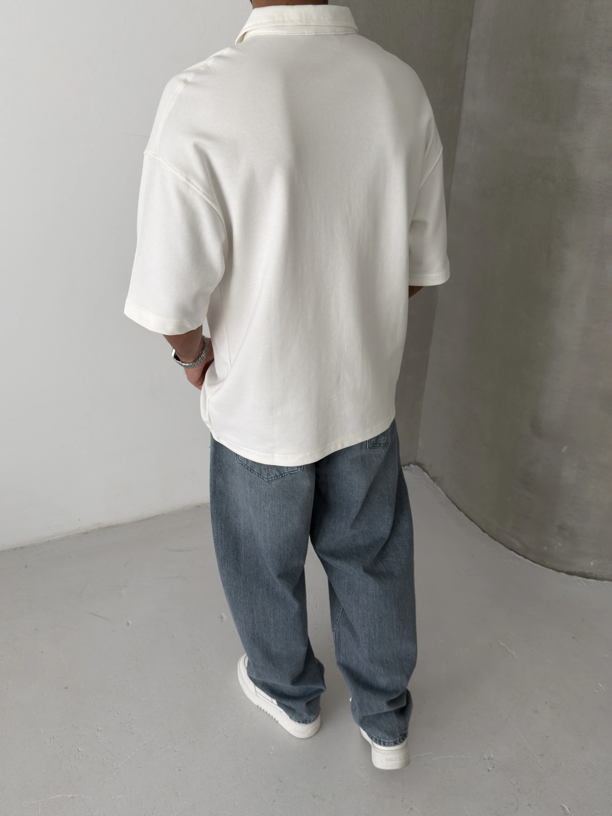 Beyaz Basic Polo Yaka Oversize T-shirt