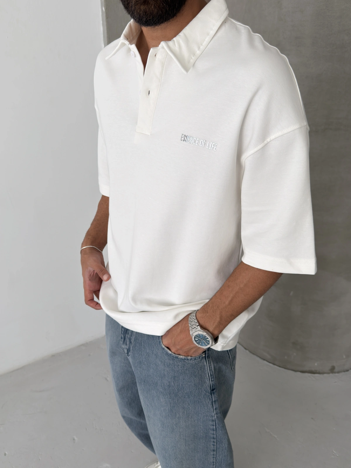 Beyaz Basic Polo Yaka Oversize T-shirt