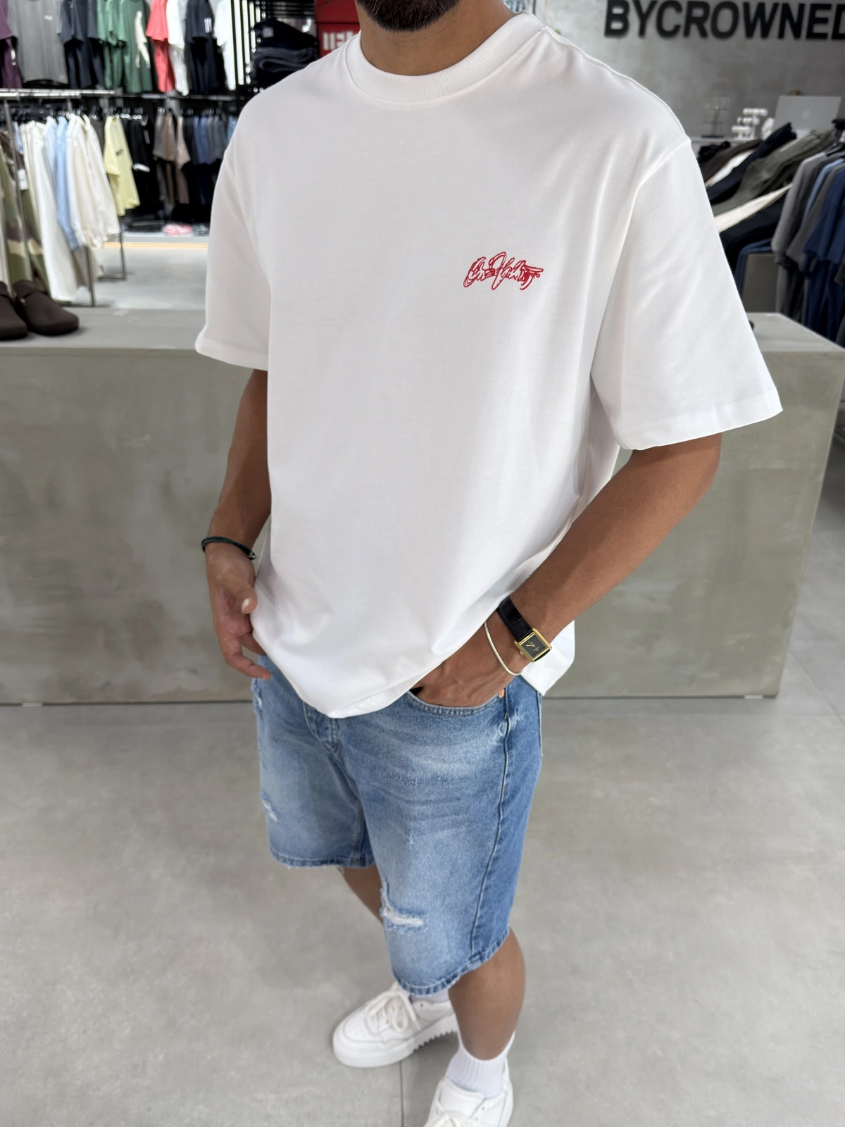 Beyaz Heykel Baskı Oversize T-Shirt
