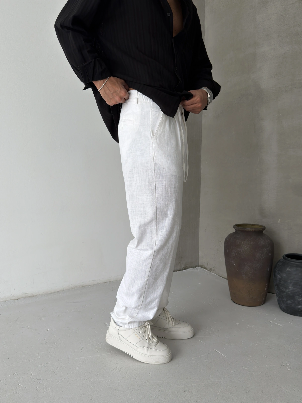 Beyaz Pileli Regular Keten Baggy