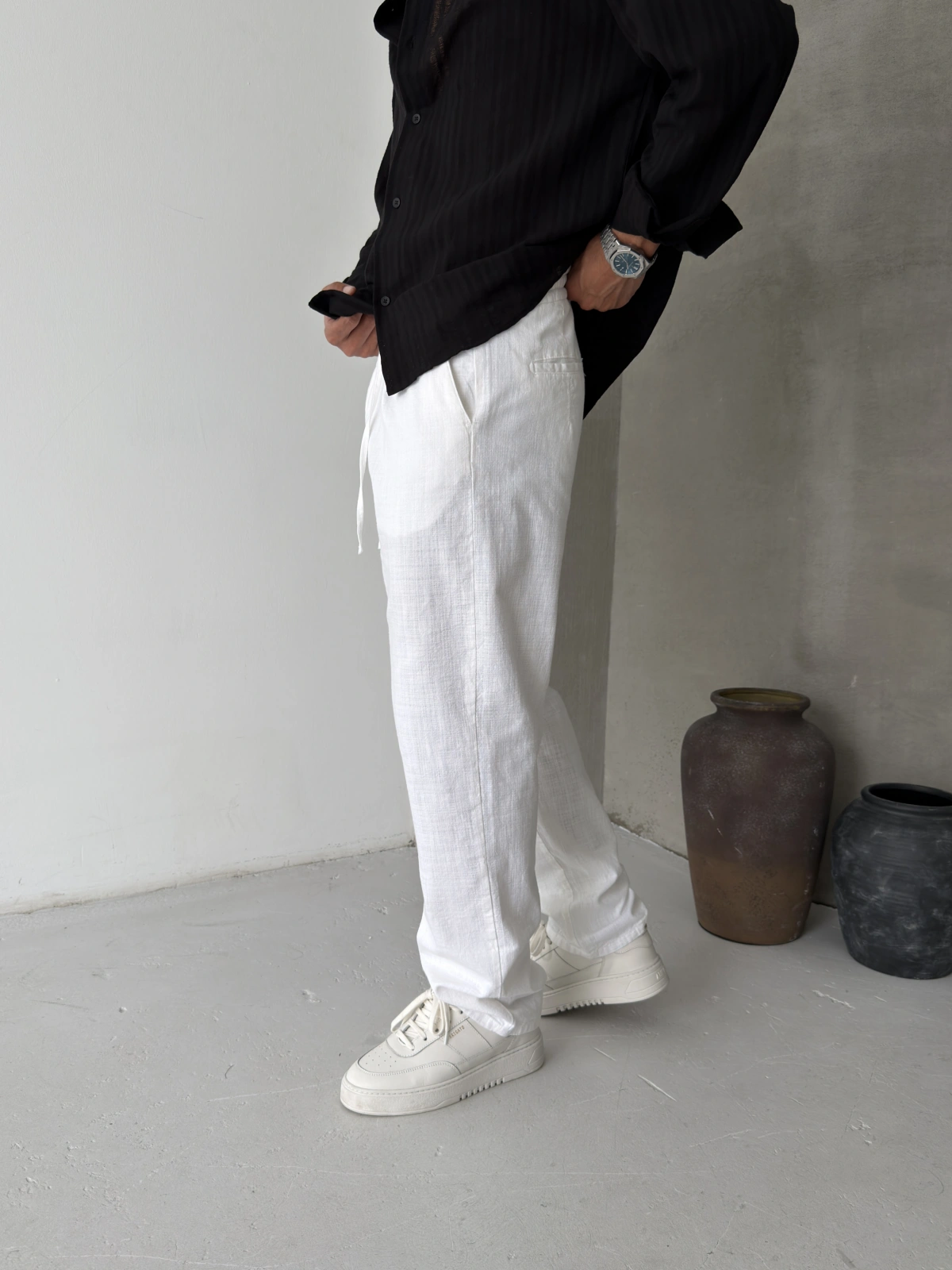 Beyaz Pileli Regular Keten Baggy