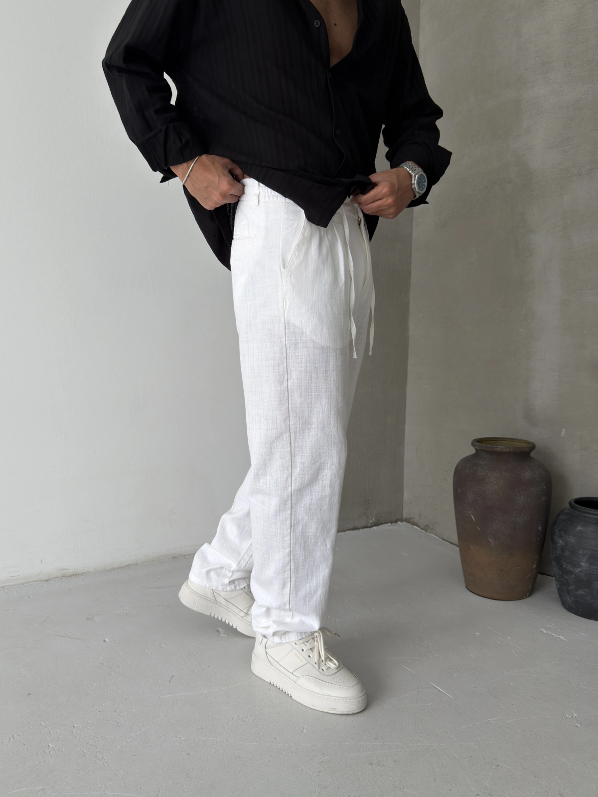 Beyaz Pileli Regular Keten Baggy