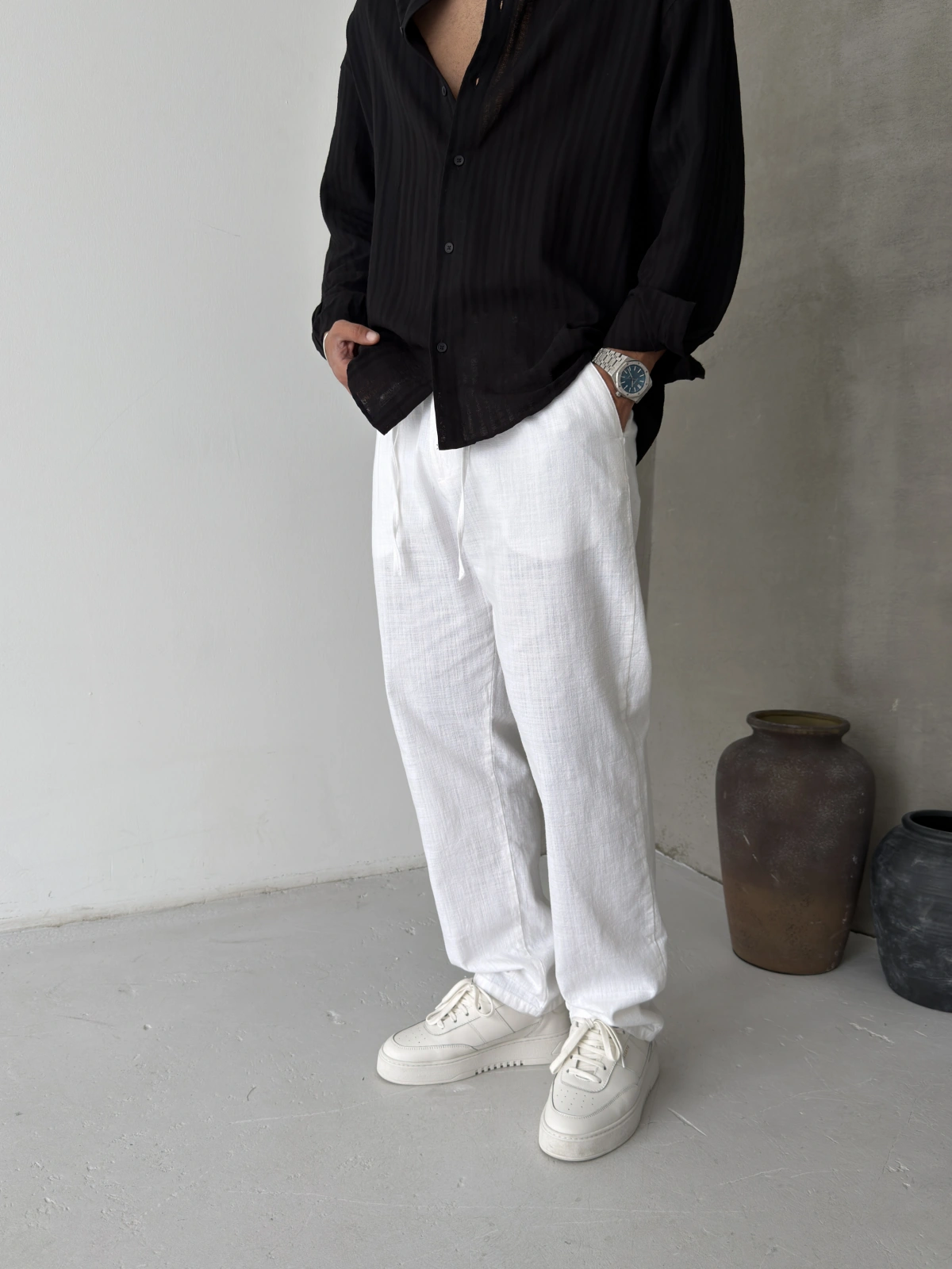 Beyaz Pileli Regular Keten Baggy