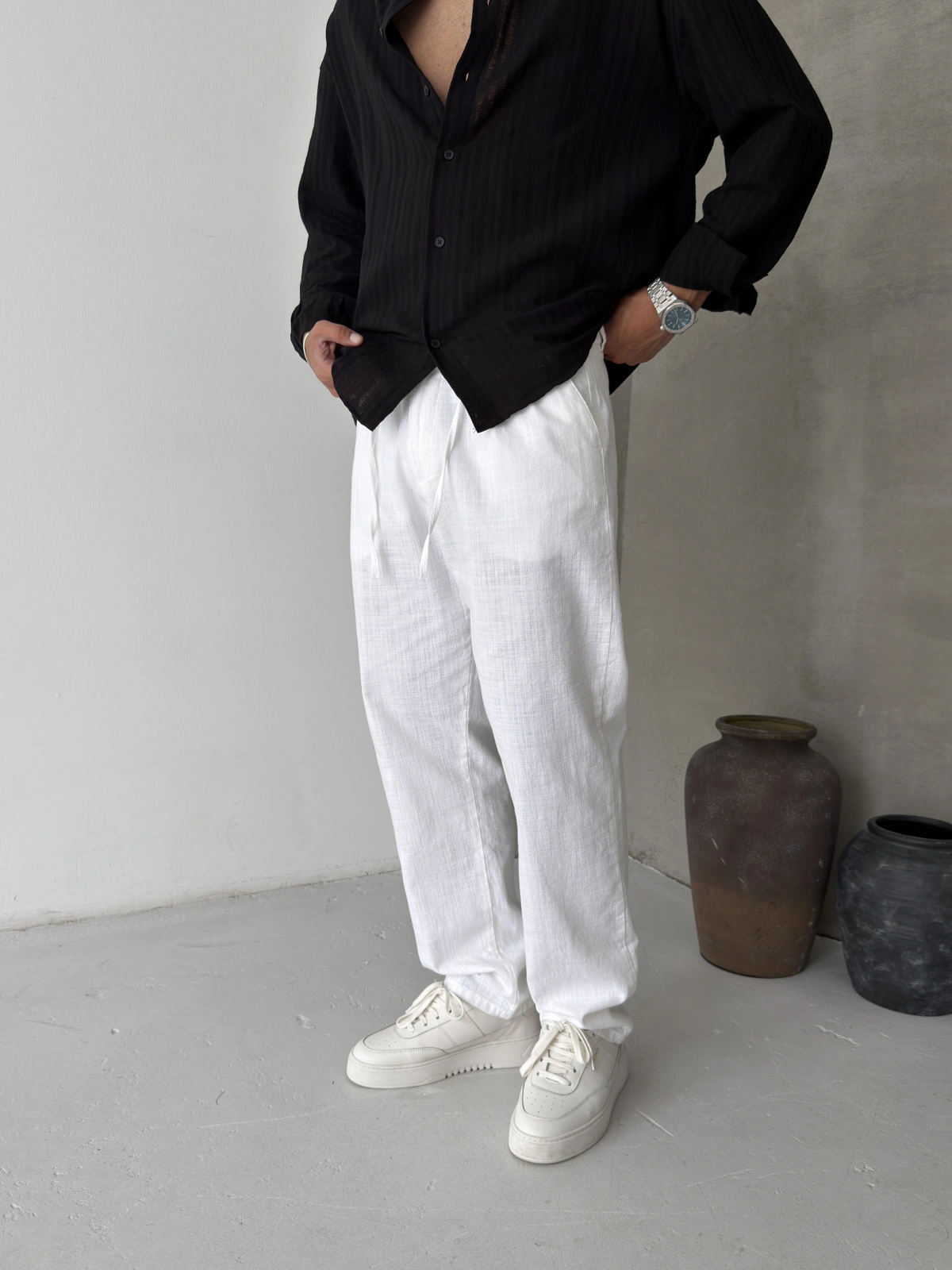 Beyaz Pileli Regular Keten Baggy
