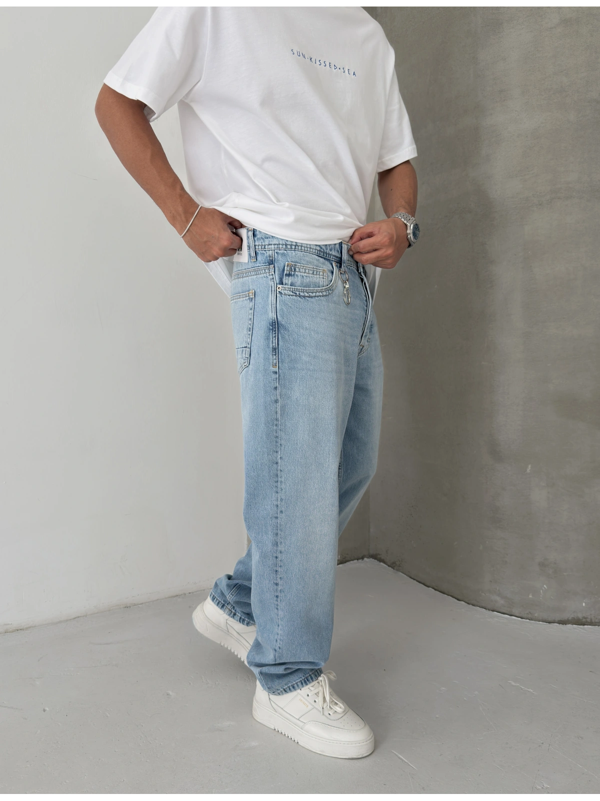 Buz Mavi Aksesuar Detay Baggy Jean