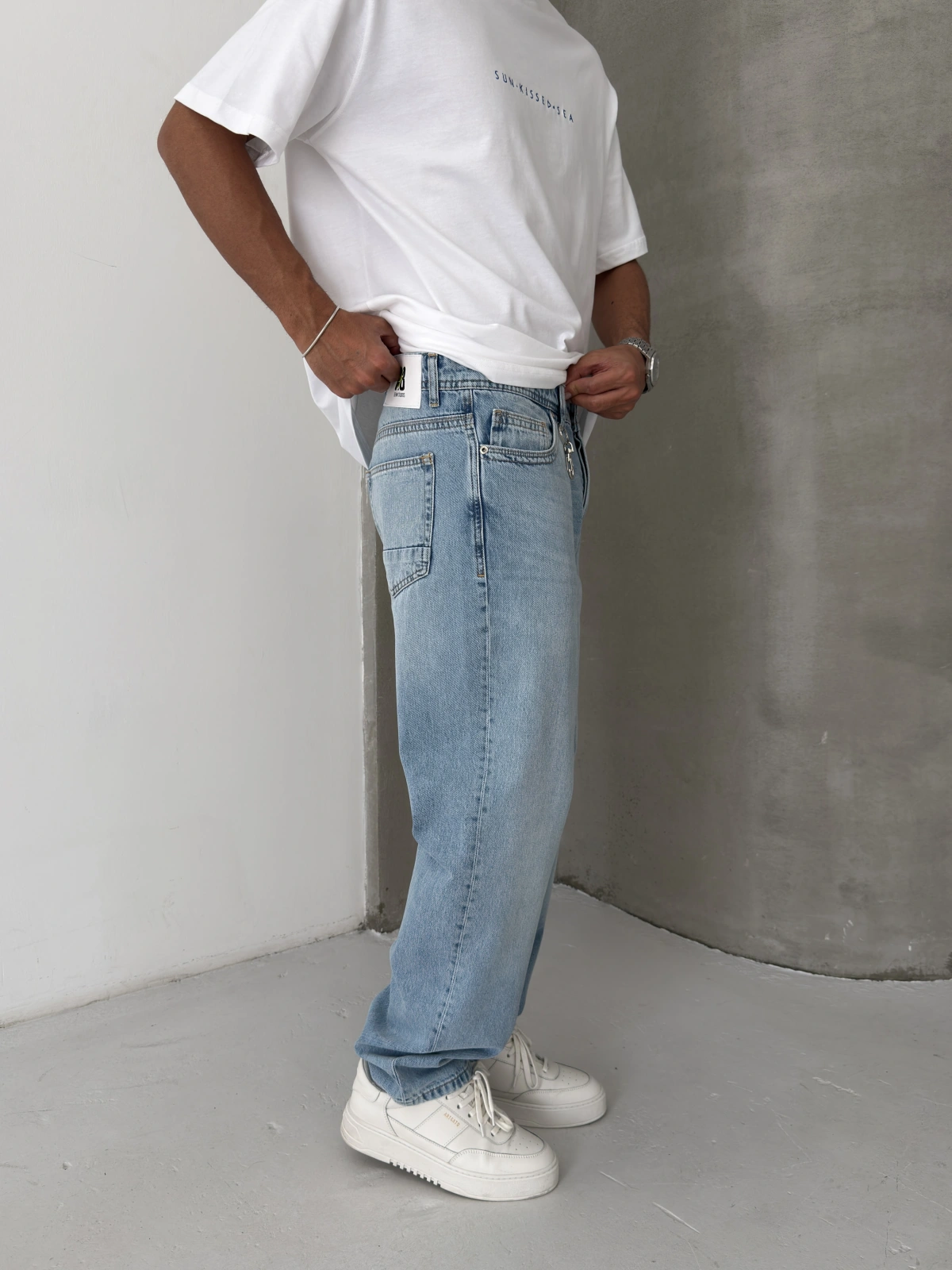 Buz Mavi Aksesuar Detay Baggy Jean